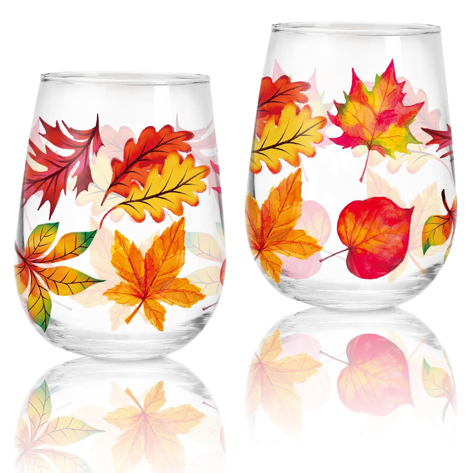 Verres à vin sans pied automne 500 ml avec motif aquarelle feuilles d'érable pour Thanksgiving