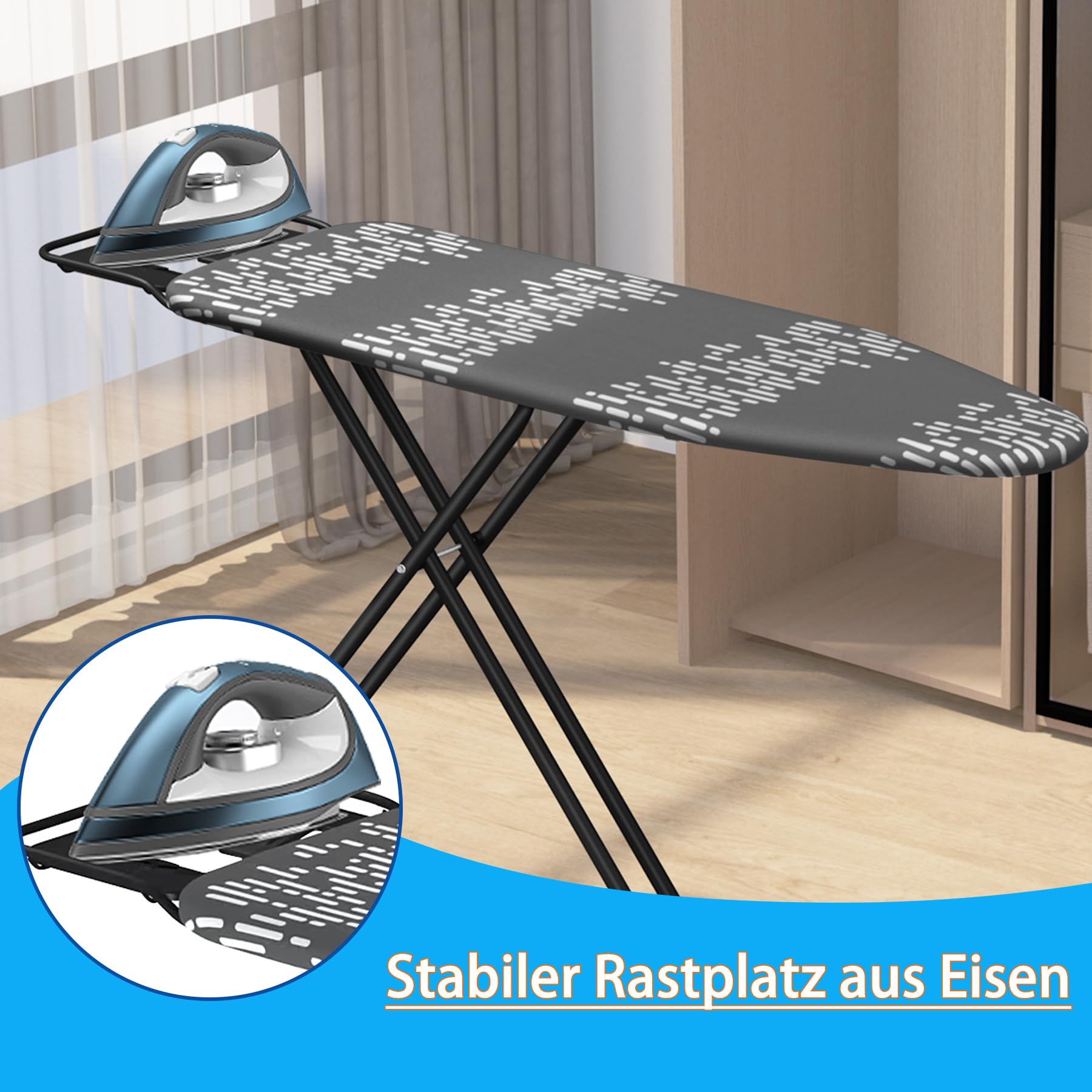 Klappbares Bügelbrett Mit Dampffunktion - Höhenverstellbar 75-95cm, Bügelfläche 120x39cm