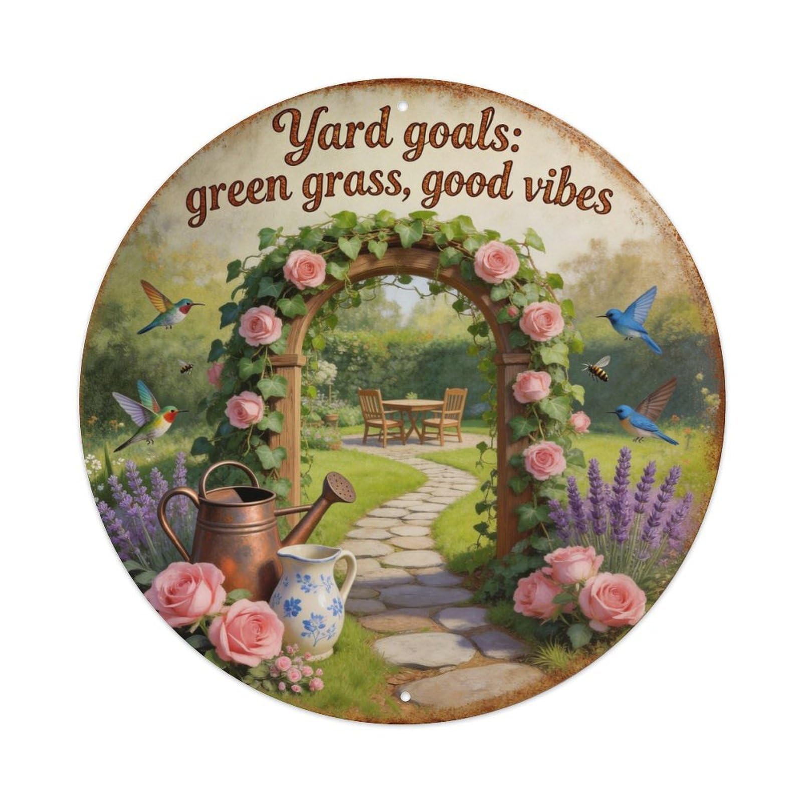 Garden Arch Roses Birds Lavender Round Tin Sign Vintage Metal Sign Home Bar Garden Indoor & Outdoor Wall Decor Retro Metal Poster 8x8 Inch