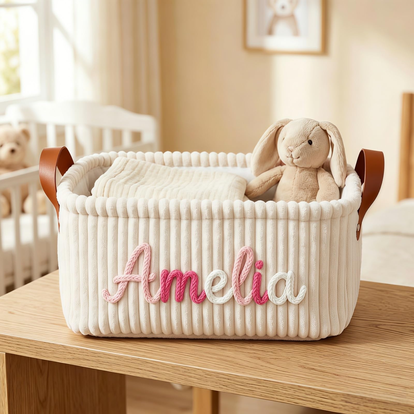 Custom Corduroy Nursery Storage Bin For Newborn, Personalized Baby Gift Basket With Name, Embroidered Name Diaper Caddy, Baby Shower Present(Beige)