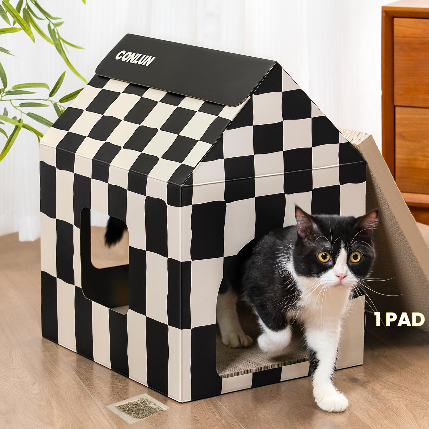 Conlun Cardboard Cat House with Scratching Board & Catnip, Cat Play Scratch House for Indoor Hideaway Furniture, Heavy Duty Sturdy Cardboard Scratcher, Easy to Assemble Birthday Gift, Large