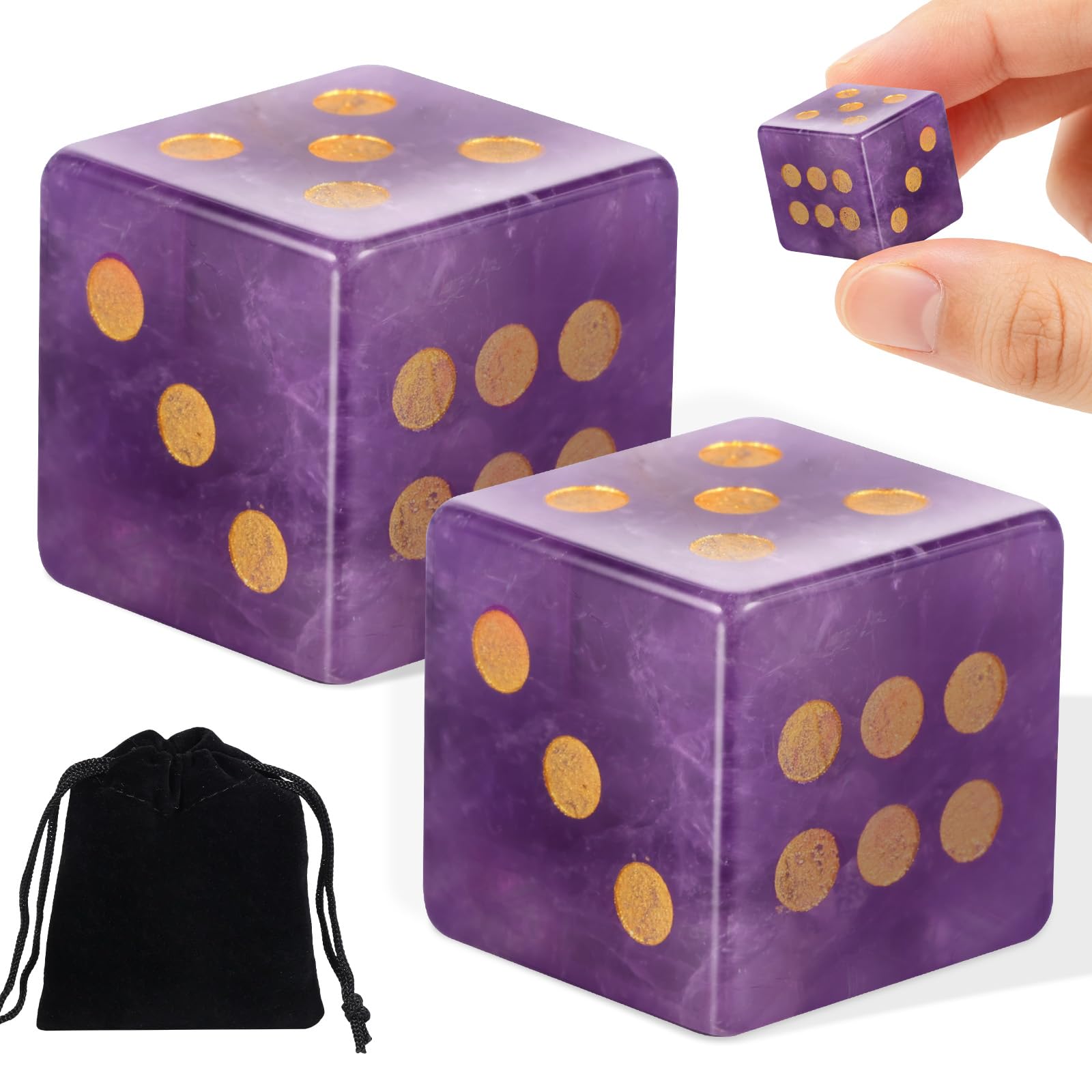 2Pcs Crystal Dices 16mm, Natural Crystal Mahjong Dice Set, 6-Sided Carved Gemstone D6 Dice with Velvet Pouch for Tabletop Board Games, Healing Stone Spiritual Decor(Purple)
