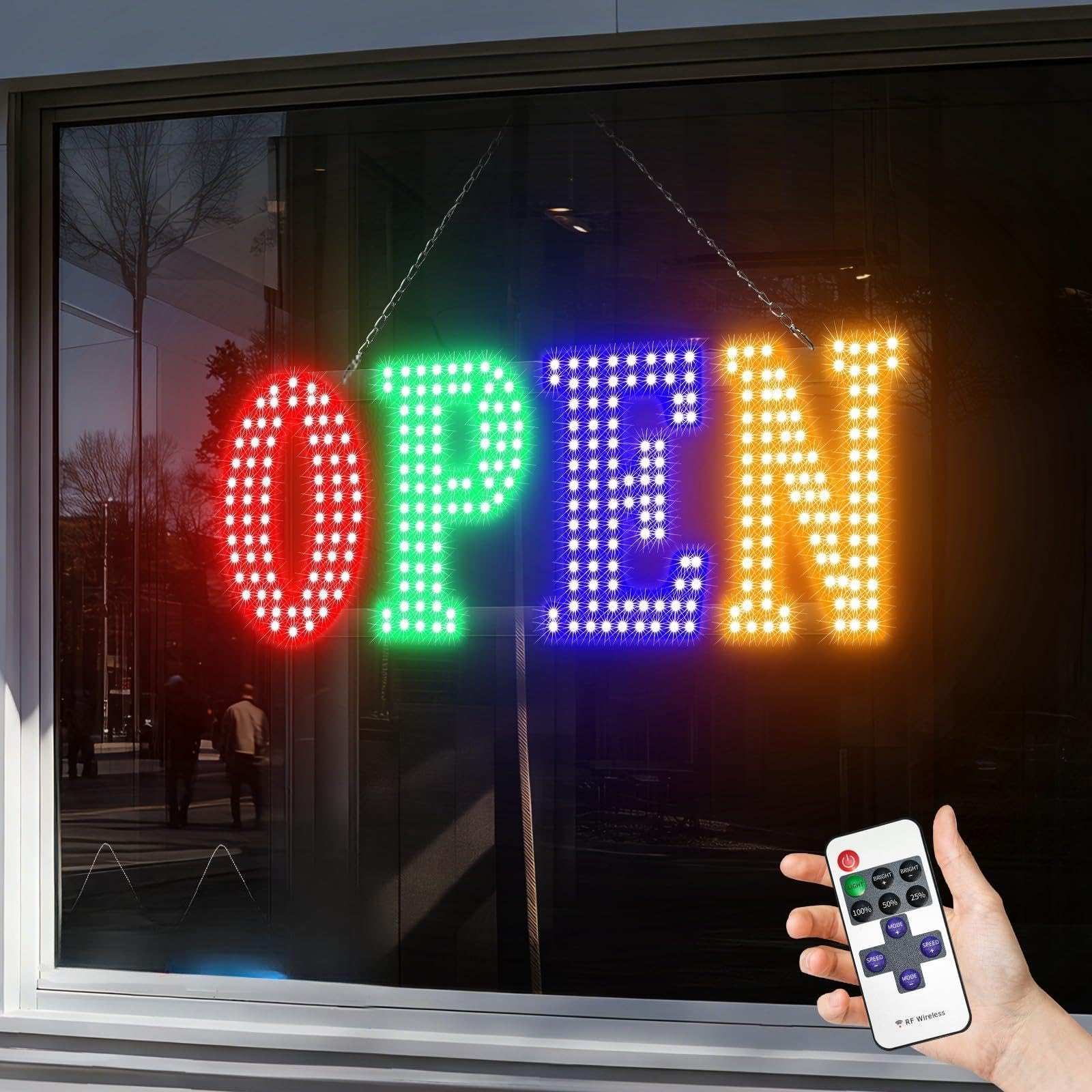 31'' x 11" LED Open Sign for Business with Remote Control, Ultra Bright RGBY Open Signs, Adjustable Brightness & Speed - 14 Modes, For Storefront,