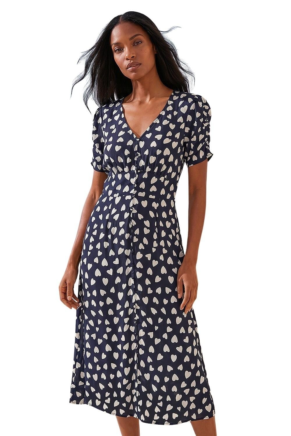 Roman Women's Navy Heart Print Ruched Midi Dress Size 10