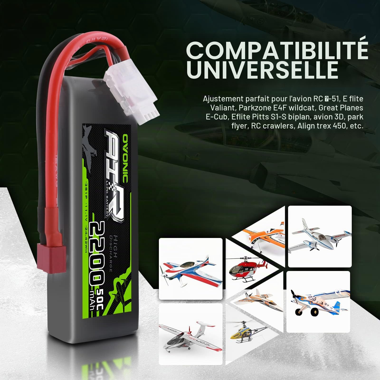 OVONIC 3s Lipo Batterie 11.1V 2200mAh 50C avec Deans T Connecteur pour RC Evader BX Voiture RC Camion RC Truggy RC Avion UAV Drone FPV