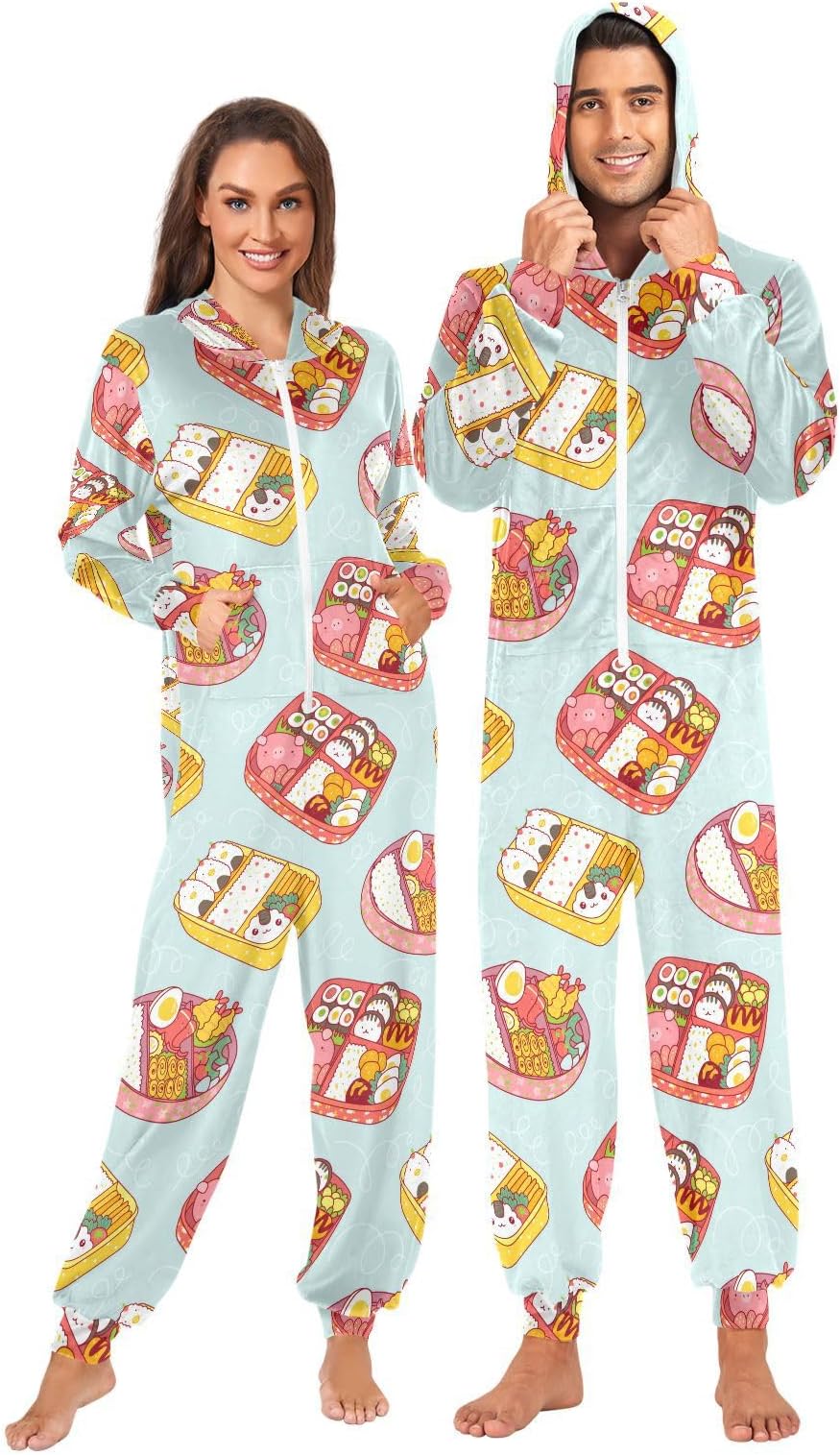 Adult Onesie Pajamas for Women Men Fento Boxes Food Pattern Costume Hooded Sleepwear Homewear S-XL