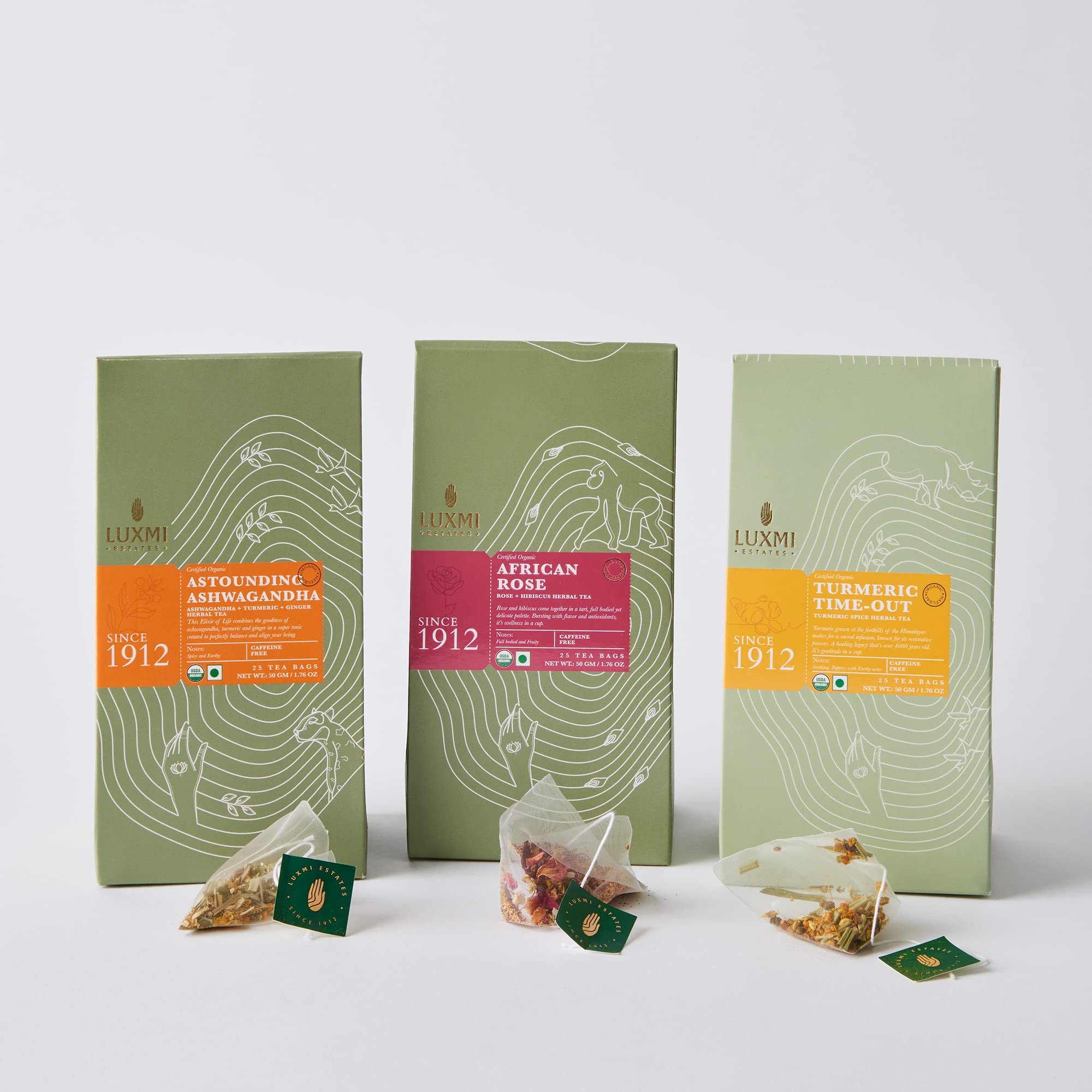 Luxmi Estates Herbal Tea Collection 25 Tea Bags EA x 3 | Turmeric Tea, Ashwagandha Tea, African Rose Tea | Certified USDA Organic Herbal Tea