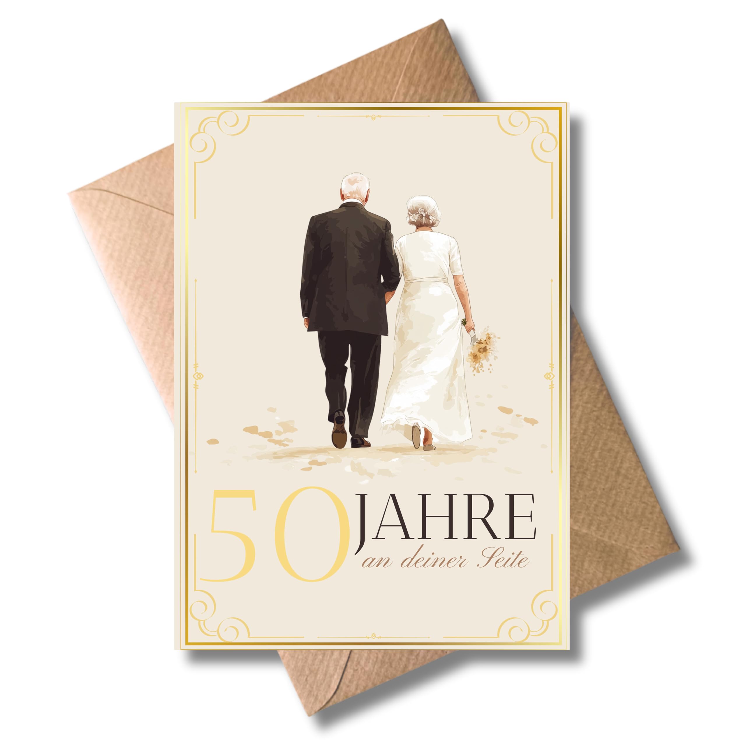 Biglietto Auguri 50° Anniversario Matrimonio | Nozze D'Oro | Formato 12x17,5 Cm | Carta Opaca Con Motivo Dorato | Made In France