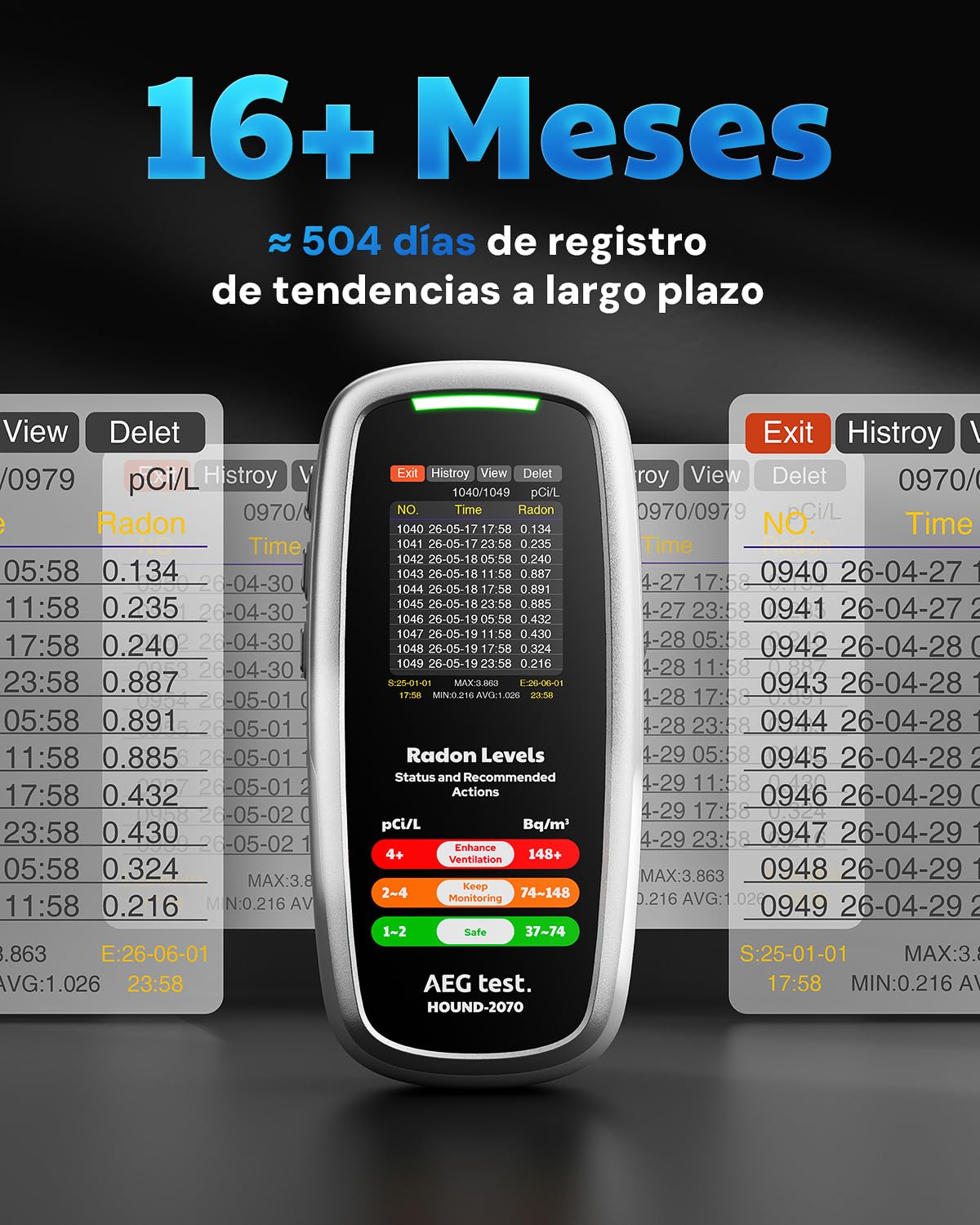 HOUND-2070 Detector de Radón para Hogar, Pantalla de Temperatura y Humedad, 504 Días de Almacenamiento de Datos, Recargable, Analizador de Radón 3-en-1 Portátil para Sótano, pCi/L o Bq/m³