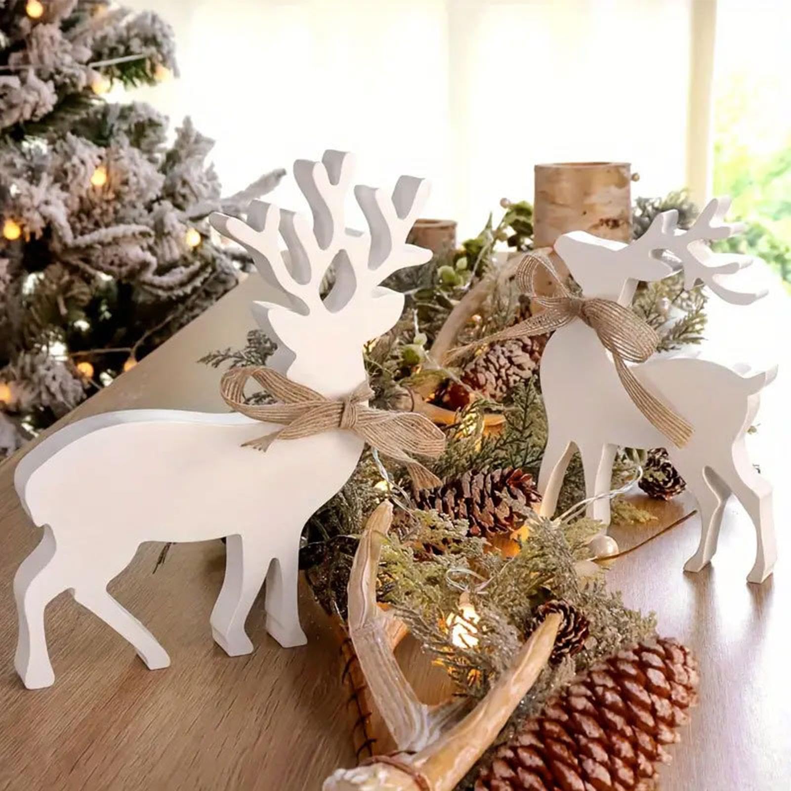 クリスマス　トナカイ ホワイト鹿の置物 Amazon.co.jp: 木製クリスマストナカイの置物、白い鹿のセンターピース