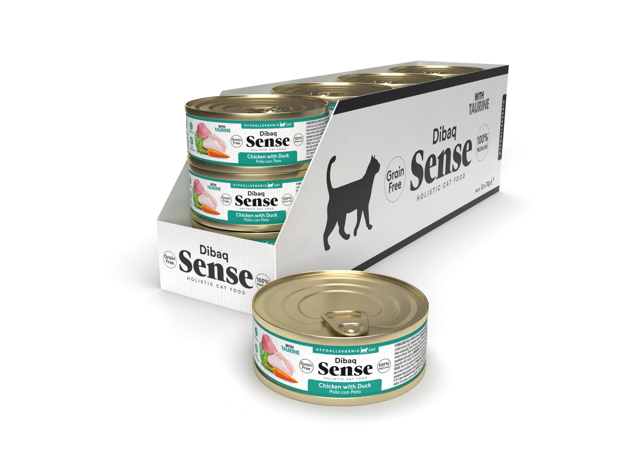 Dibaq Sense Cat: Comida húmeda de Pollo y Pato 100% Natural y sin Cereales para Gatos. Pack de 70 g x 12 uds.