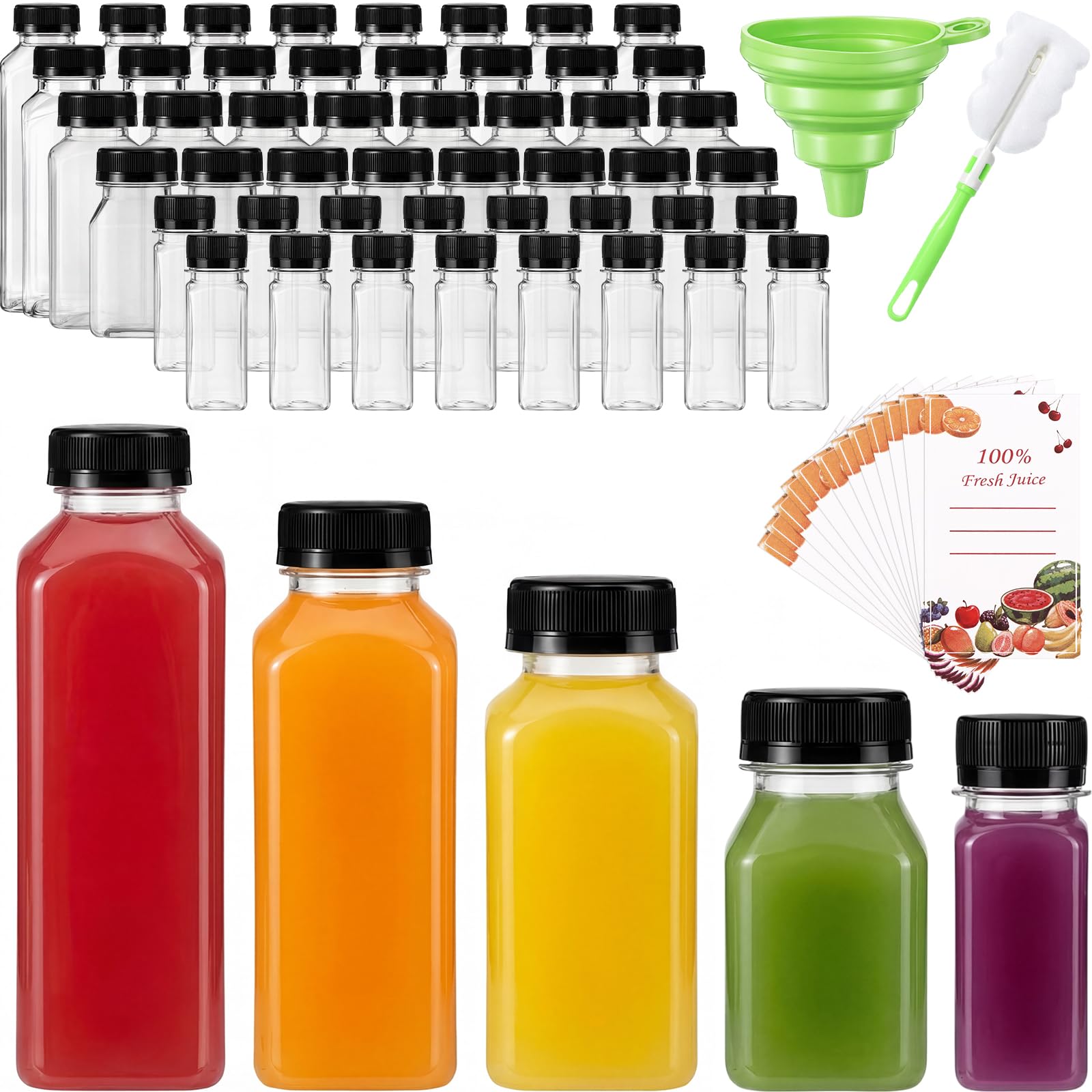 48pcs 16/12/8/4oz Empty Plastic Juice Bottles with Caps, Reusable Clear Drink Bottles Bulk, Beverage Containers with Funnel, Sponge Brush, Stickers for Milk, Smoothie, and Other Beverages