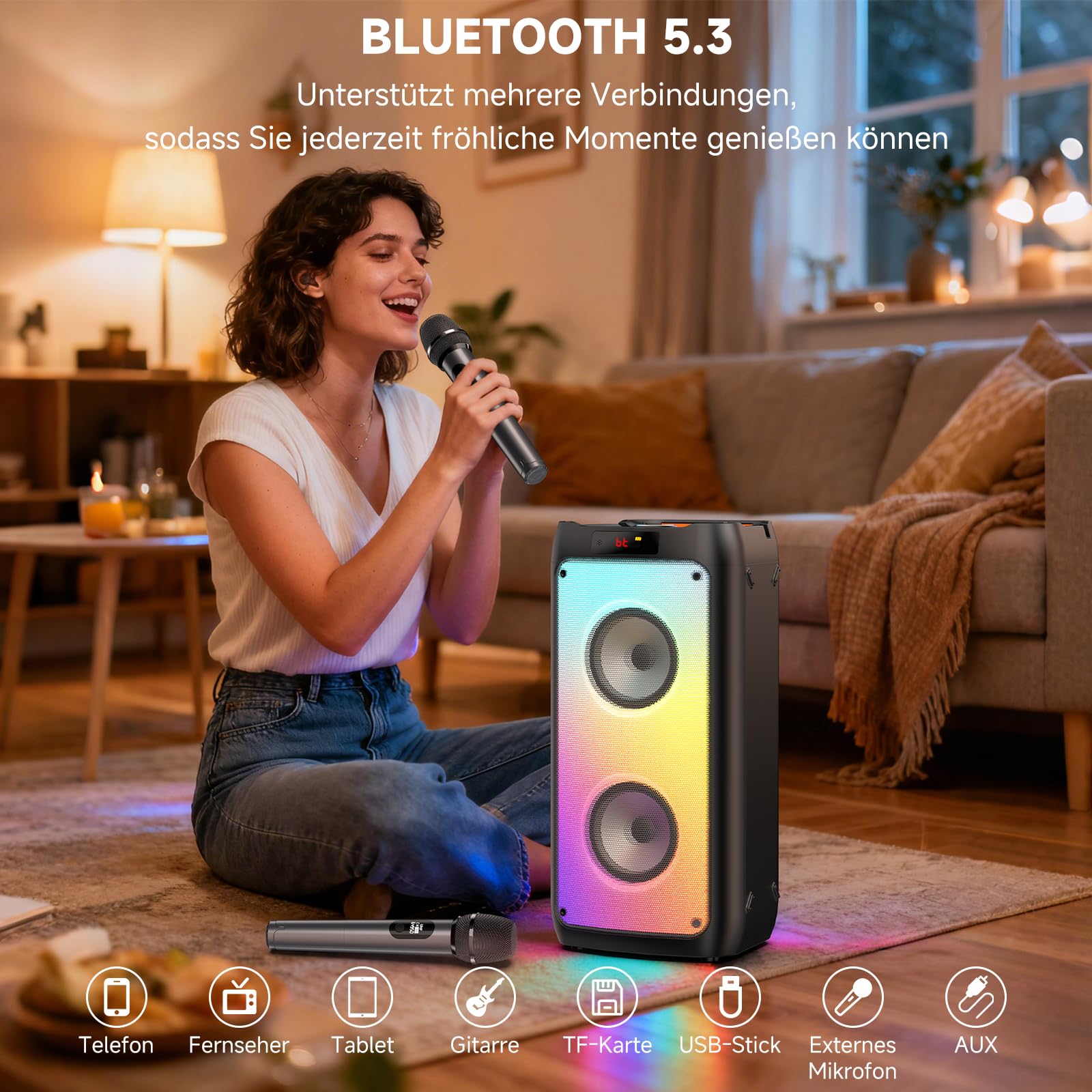 JYX Karaoke Maschine, Karaoke Anlage Mit 2 Mikrofonen, Tragbarer Bluetooth Lautsprecher Mit RGB Licht, Karaoke Box Karaoke Set, PA System Für Erwachsene, Party Box, Unterstützt TF/USB, AUX, FM, TWS