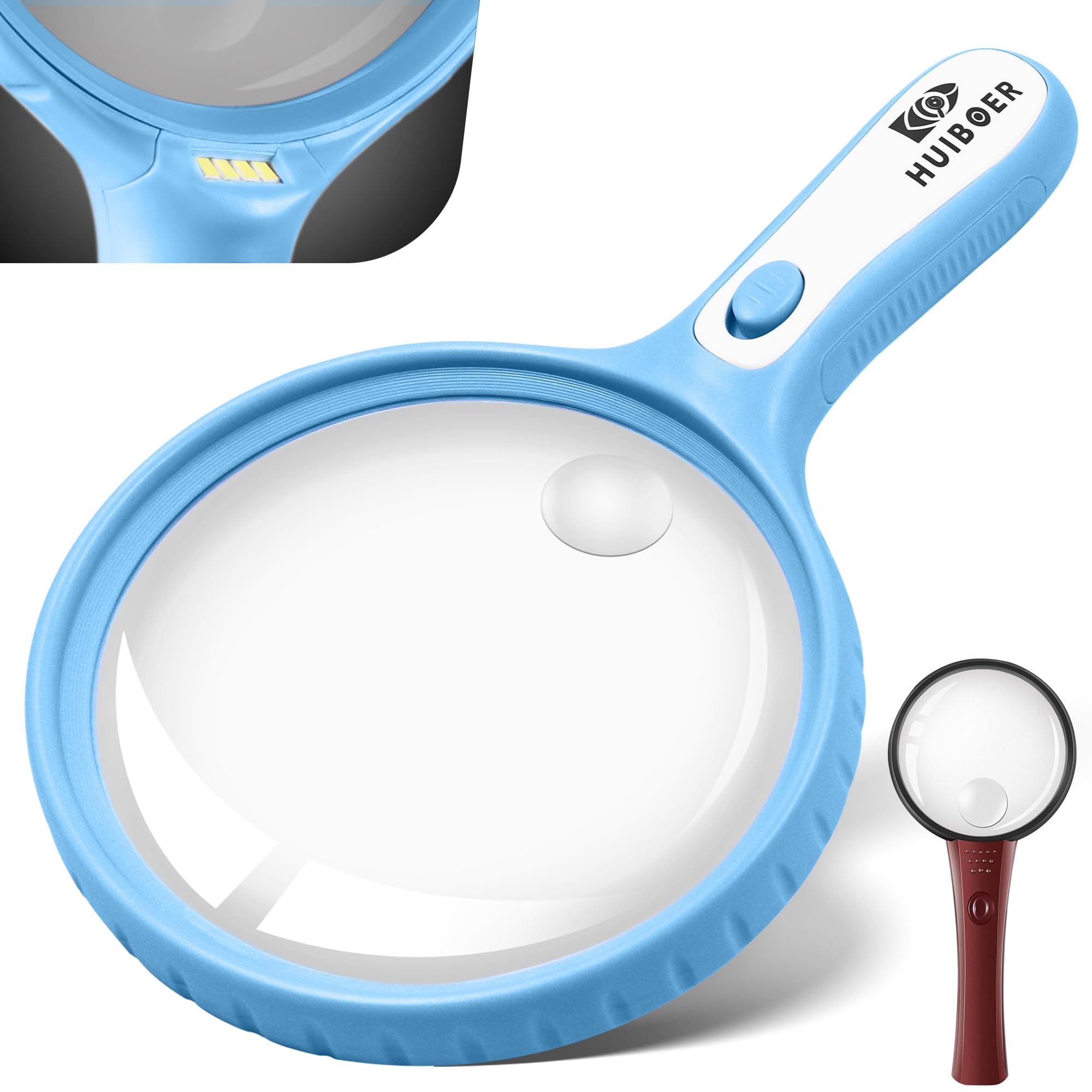 5.3 Inch Magnifying Glass with Light, 2 PCS, 3X 10X 20X Handheld Magnifier with 4 LED Lights for Seniors & Kids, Ideal for Reading, Working, and Close-Up Inspection (Blue)