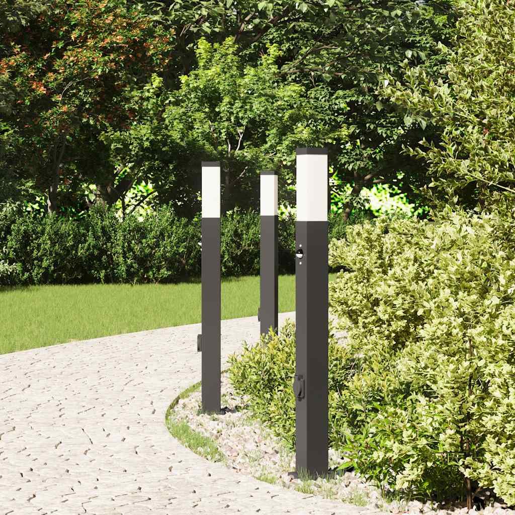 Lampadari con sensore e presa, 3 pezzi, 80 cm, in acciaio inox, nero, IP44, illuminazione per esterni, giardino, terrazza, vialetto, con sensore di movimento e diffusore