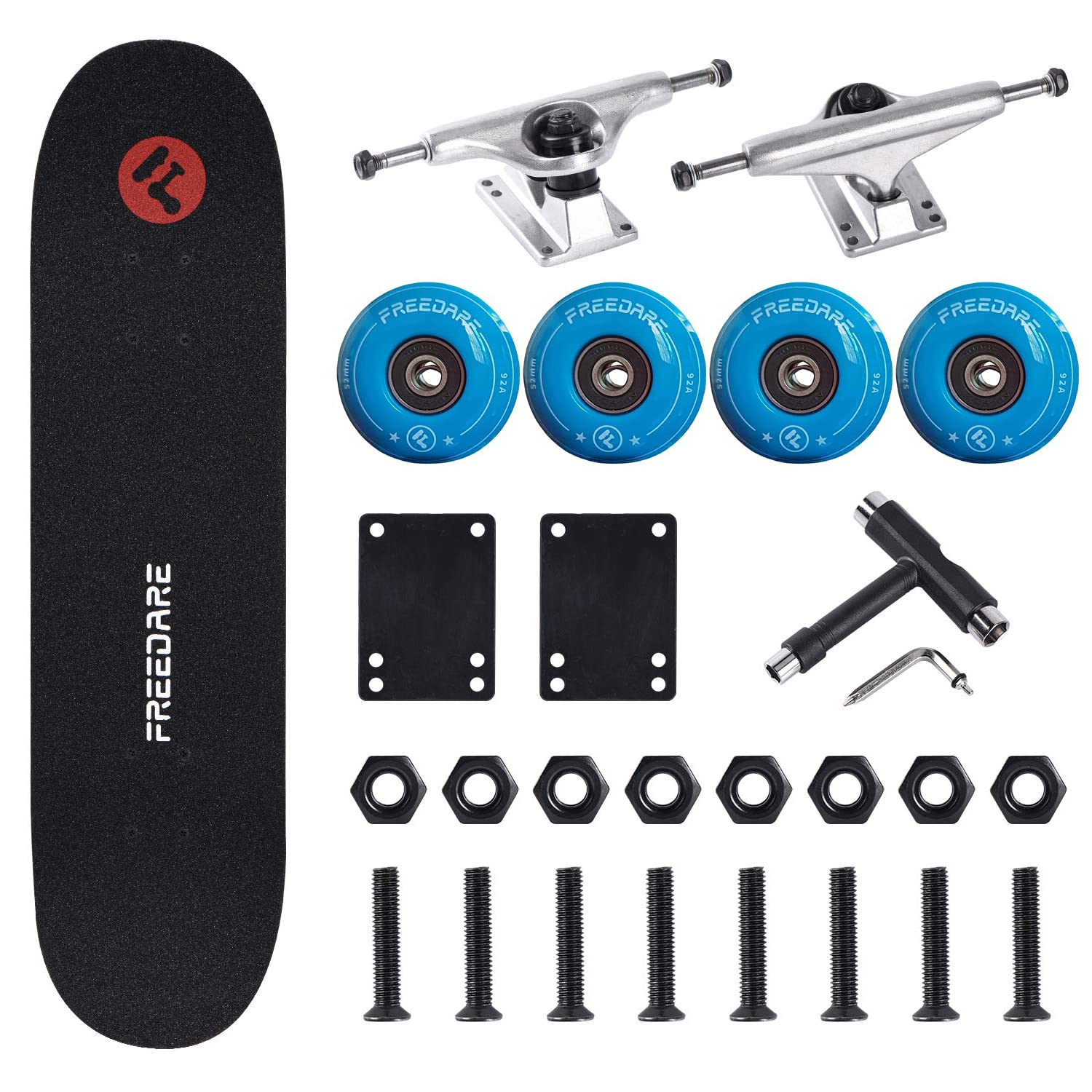 FREEDARE Skateboard Trucks and Wheels Set, 52mm/54mm/60mm Skateboard Wheels and Bearings Set, Skateboard Trucks 5"/5.25", Skateboard Tool, Skateboard Riser Pads, Skateboard Hardware Set