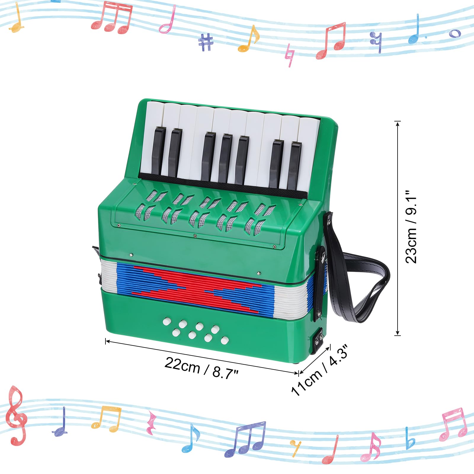 QUARKZMAN Akkordeon 17 Tasten 8 Bassknopf Ziehharmonika Spielzeug Mini Musikinstrument Leicht für Erwachsene Anfänger Bildung, Grün