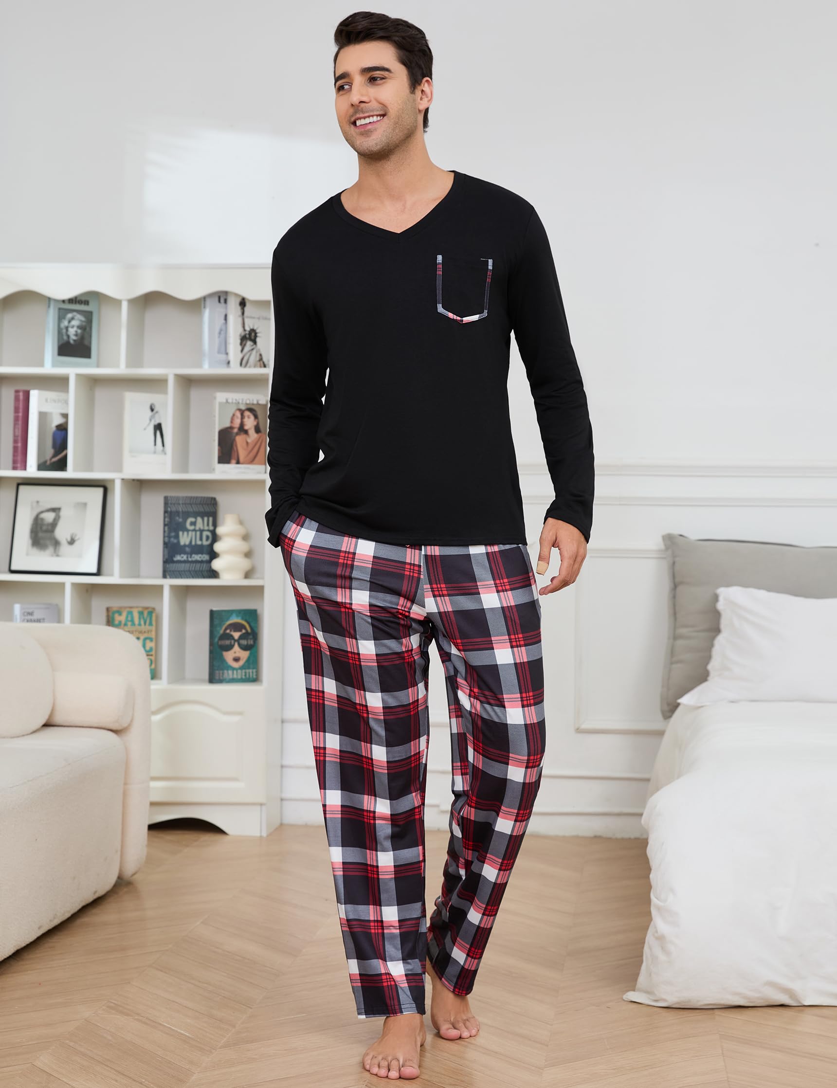 Alebame Pigiama Uomo Invernale Pigiama Uomo Cotone Lungo Pigiami Due Pezzi da Uomo Maniche Lunghe da Casa Caldo Casual