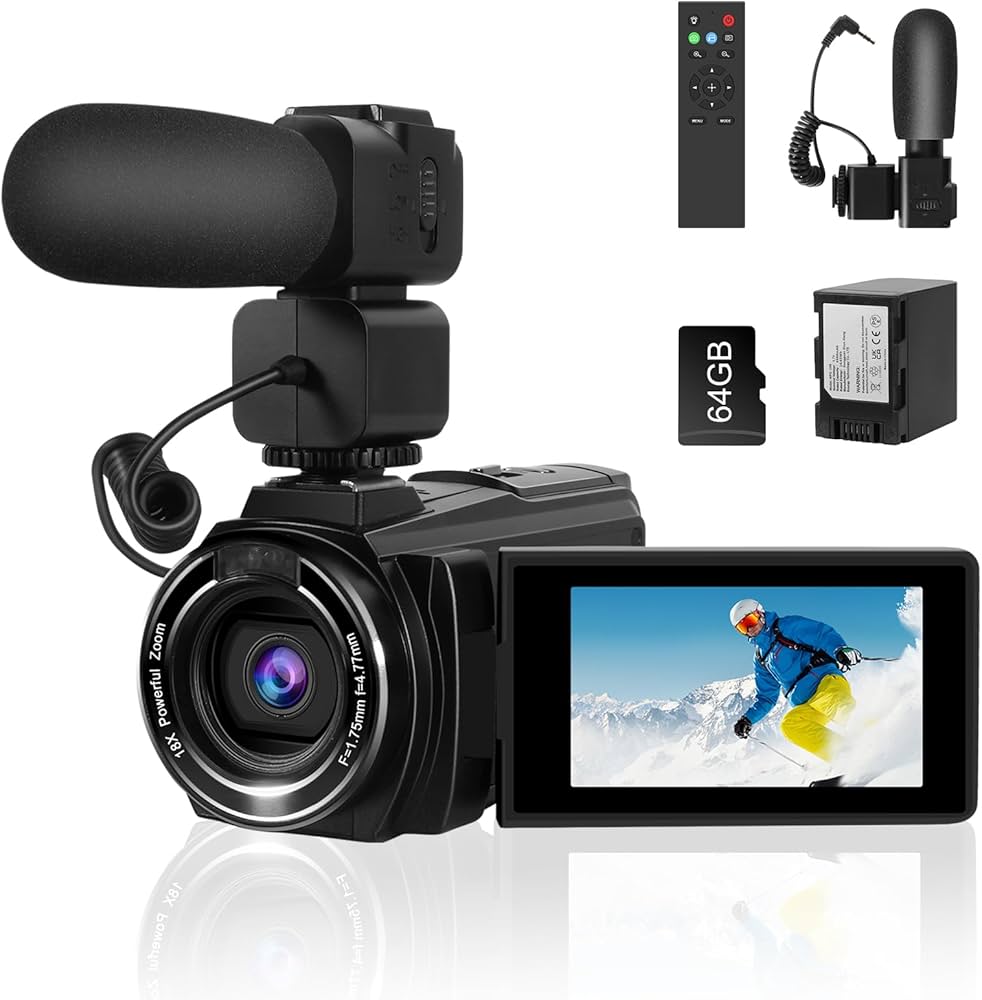 Videocamera, 8K, camcorder, 64 MP, 18 x digitale zoom, vlogging-camera met IR-nachtzicht, voor YouTube, HD webcamcamera, wifi, videocamera met 4500 mAh batterij, SD-kaart, stabilisator, microfoon en