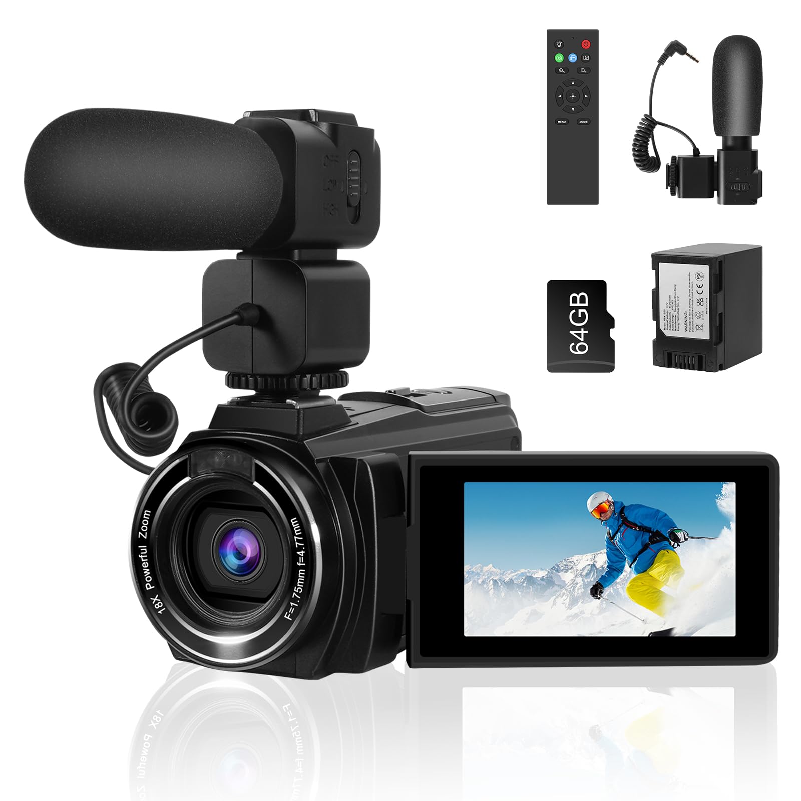 LAMA Videocamera, videocamera da 8 K, 64 MP, fotocamera Vlogging 18 X zoom digitale IR, registratore digitale WiFi con scheda SD da 64 GB, batteria 4500 mAh (tempo di registrazione 4,5 ore) per