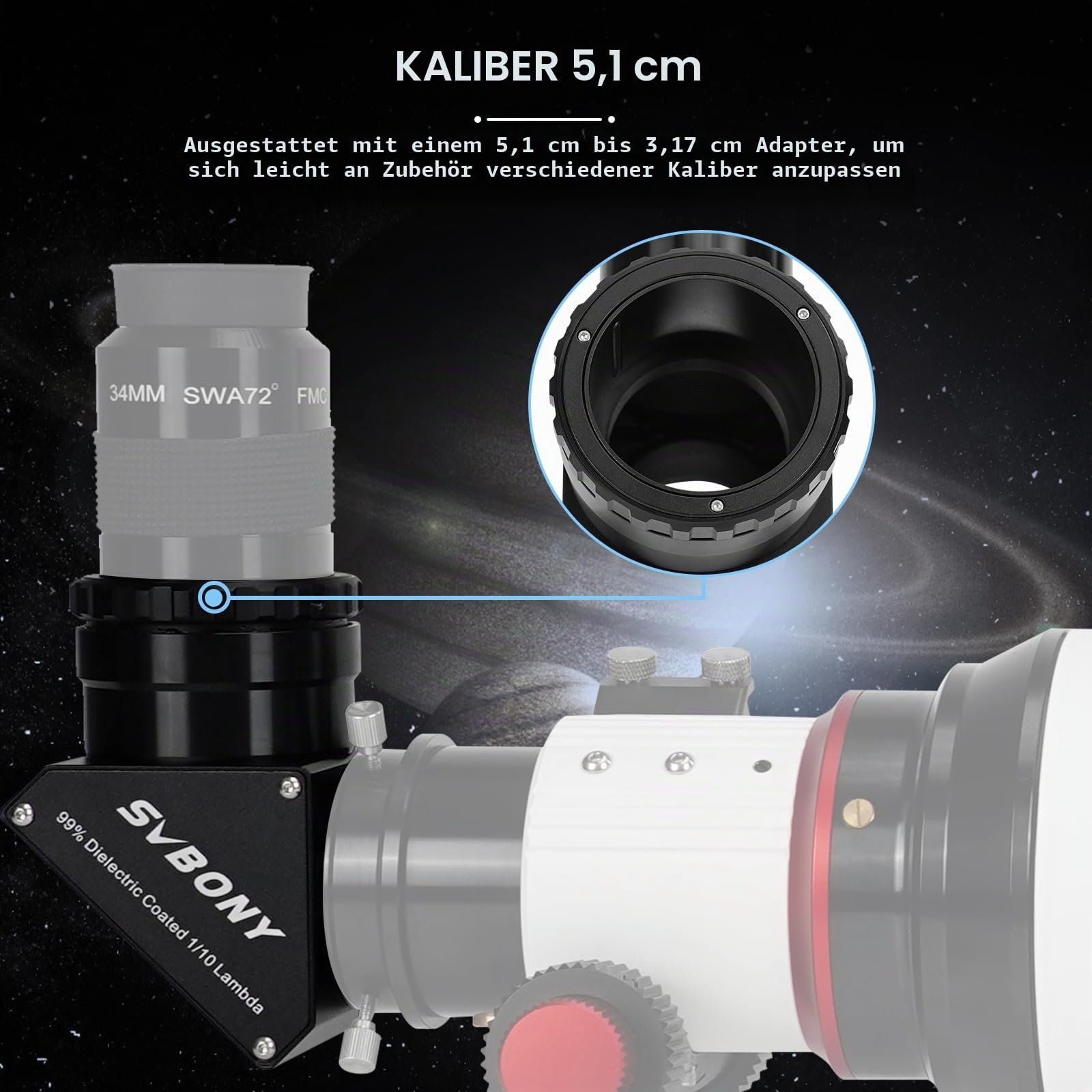 Svbony SV223 Diagonalspiegel, 2" 90° Stern Zenitspiegel mit 1,25" Adapter und Kohlefasermaterial, 99% Reflexionsvermögen, Zenitspiegel für Planetarische Deep Sky Visualisierung
