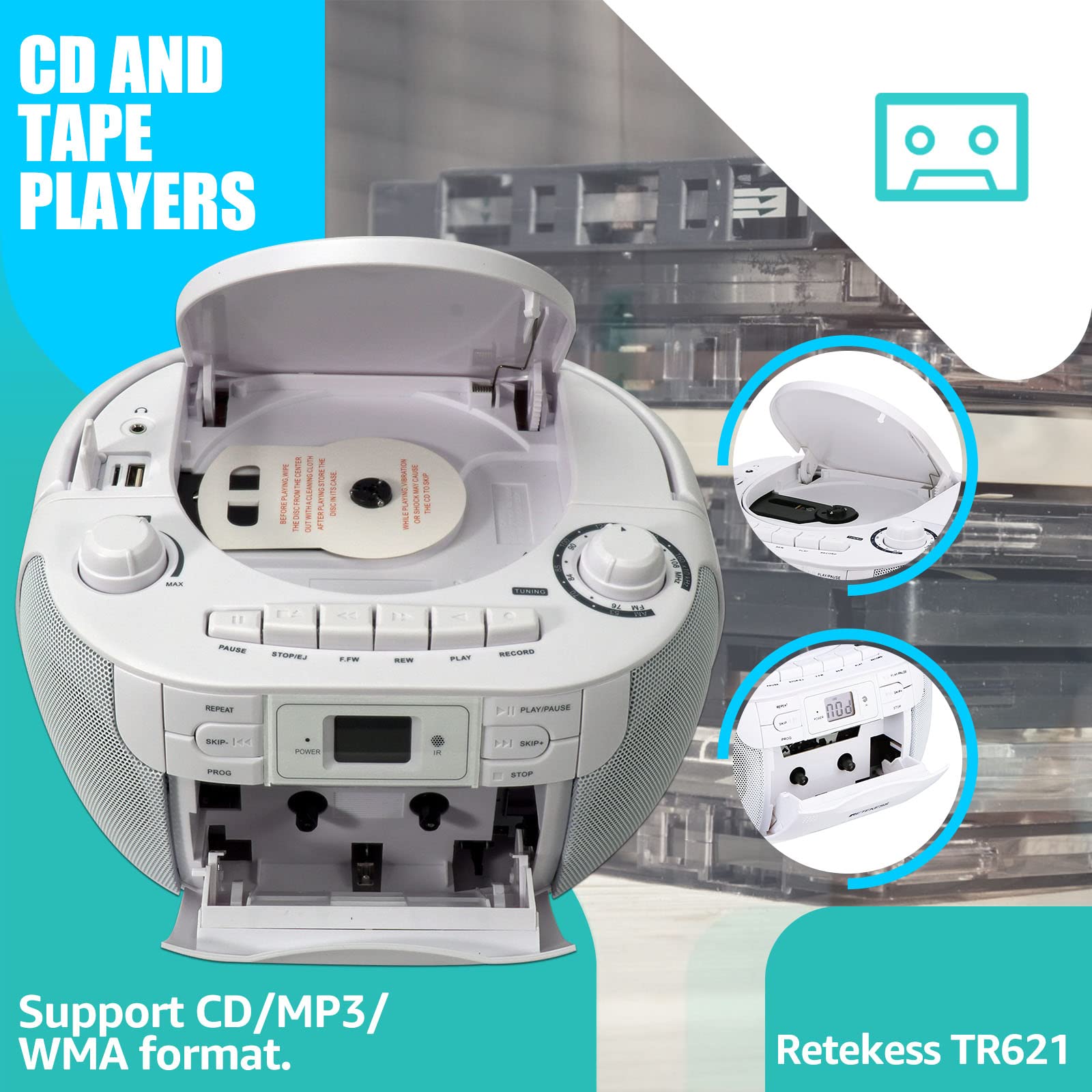 Retekess TR621 Poste Radio CD Lecteur Cassette Audio Boombox Stereo Enregistrement Télécommande USB TF Casque Radio Portable Blanc