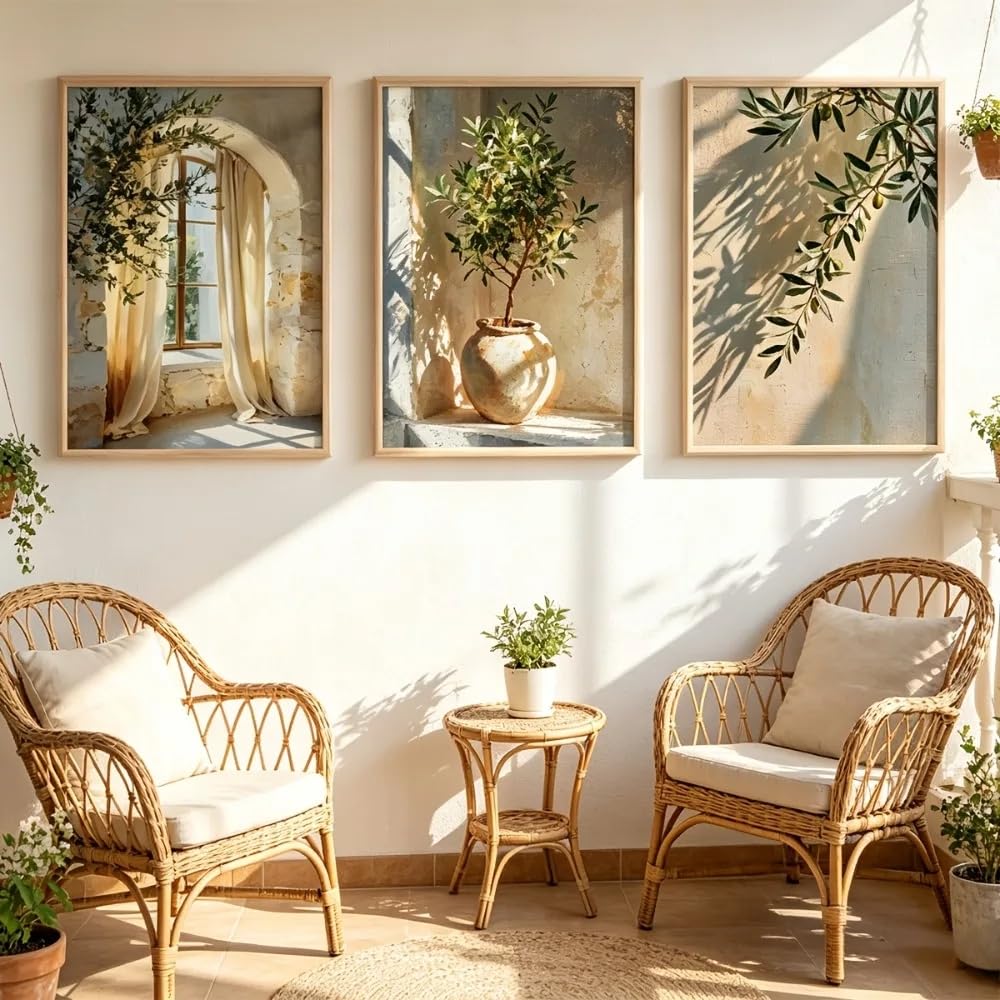 Póster con estampado rústico de flores, ramas de olivo y hojas de olivo, estilo retro, para sala de estar, decoración moderna para el hogar (50x70cmx3/Sin marco)