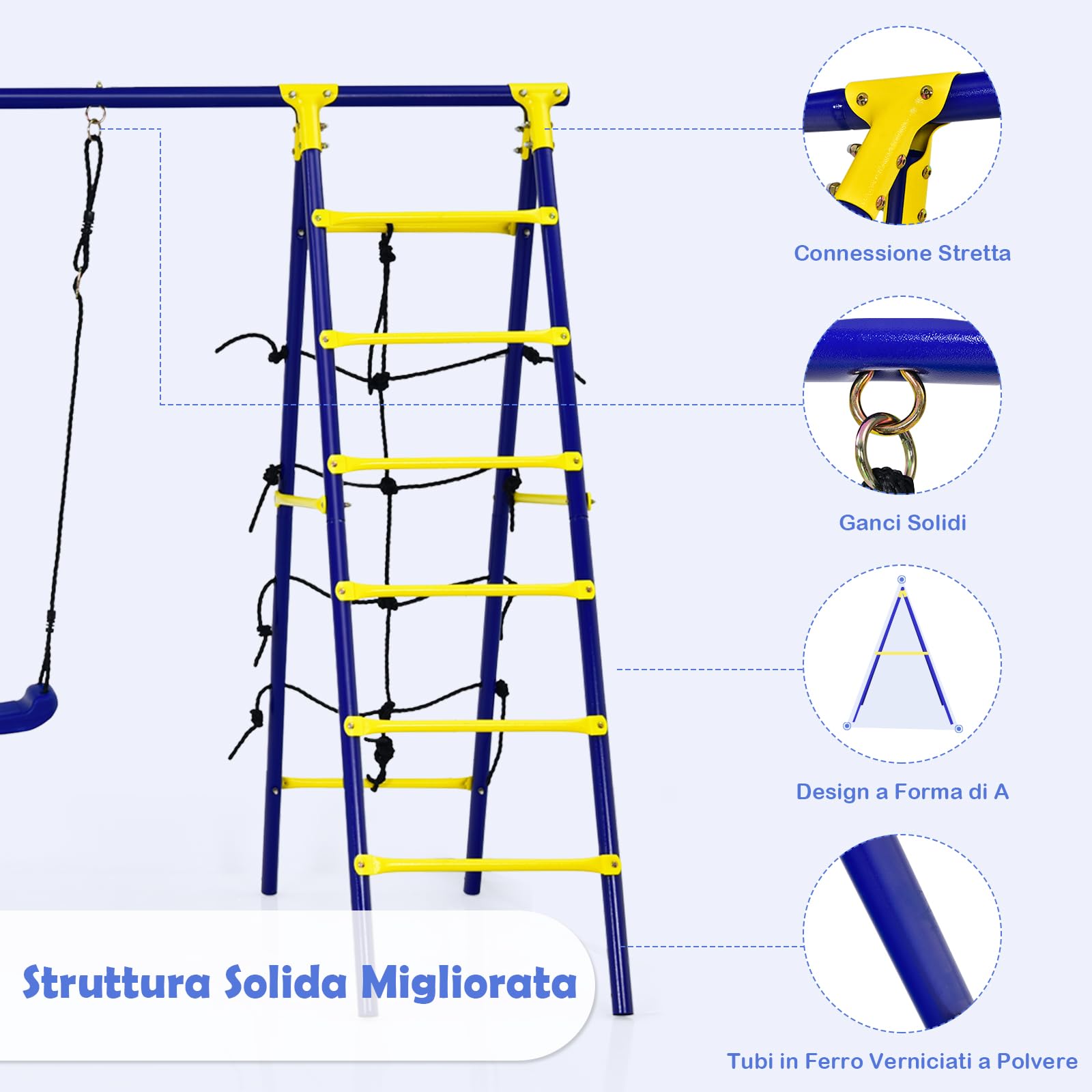COSTWAY Set Altalena da Giardino 5 in 1 per Bambini | 2 Altalene con Canestro da Basket e Scala di Arrampicata, Carico Massimo 75 kg, per Interno ed Esterno