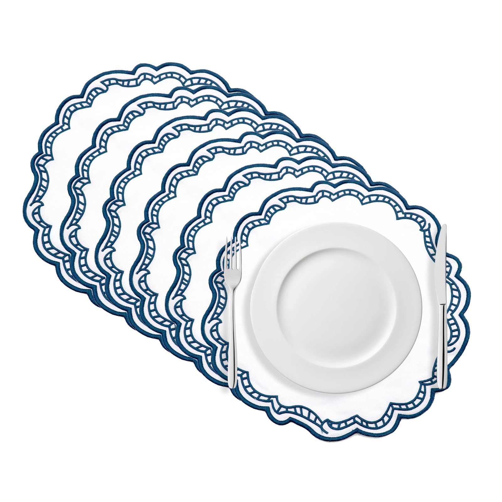 Tischsets Aus Stoff 6 Stück Abwaschbar Doppelseitigen Platzset Rund Platzdeckchen Deko für Küche Speisetisch40 x 40 cm, Weiß/Blau