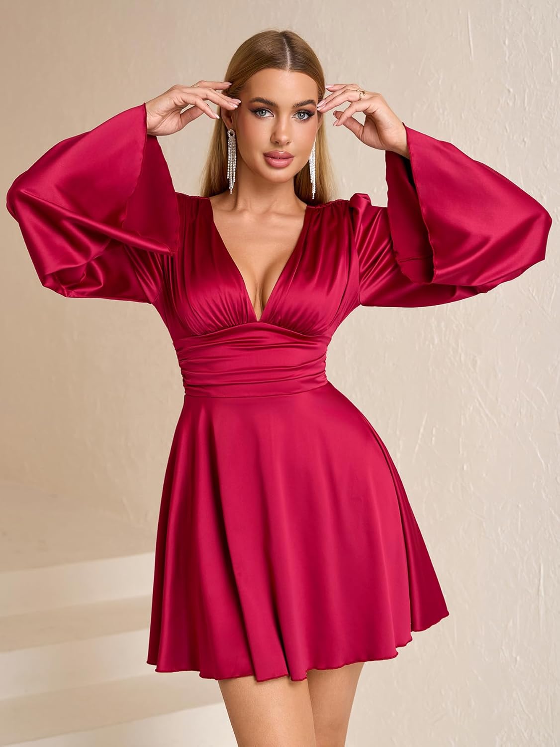 Parthea Women's Sexy Deep V Neck Long Sleeve Mini Satin Silk Dress Elegant Flowy Wedding Guest Party Short Dresses - Image 5