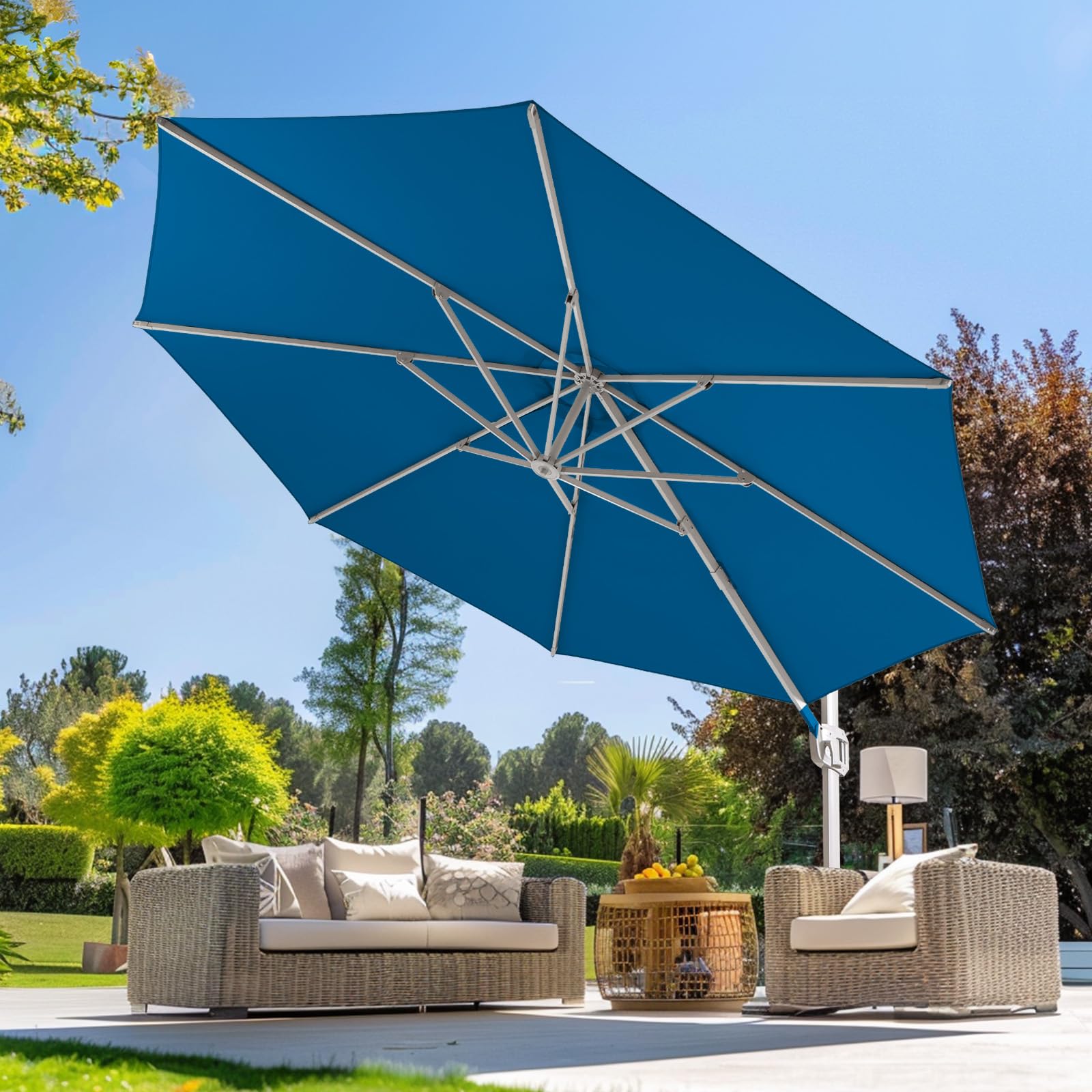 wikiwiki 12 FT Cantilever Patio Umbrella, Offset Umbrella Outdoor Patio with 360° Rotation and Unlimited Tilting System, Heavy Duty Umbrella with Cross Base, Royal