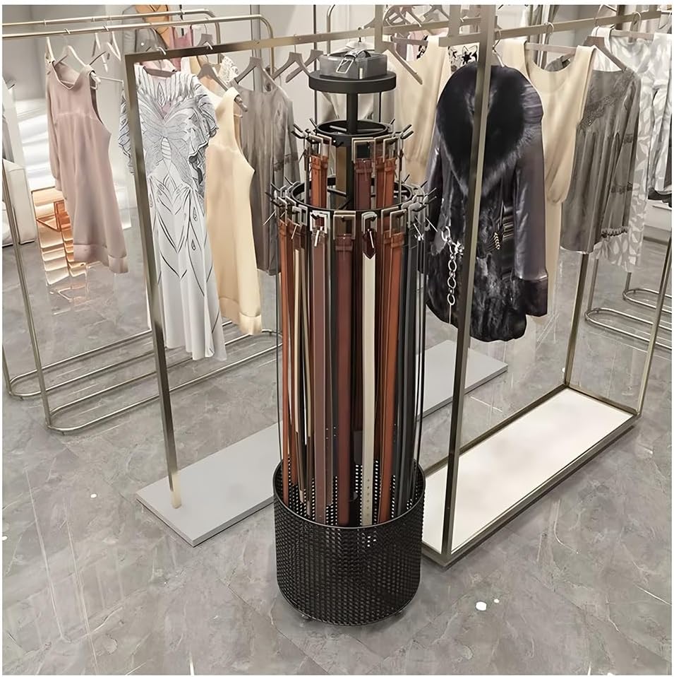 Floor Standing Revolving Belt Scarf Tie Rack, Metal Retail Display with 30 Hooks, Mobile Removable Belt Selves, for Supermarkets/Clothing Shops.Black-40x44x167 cm