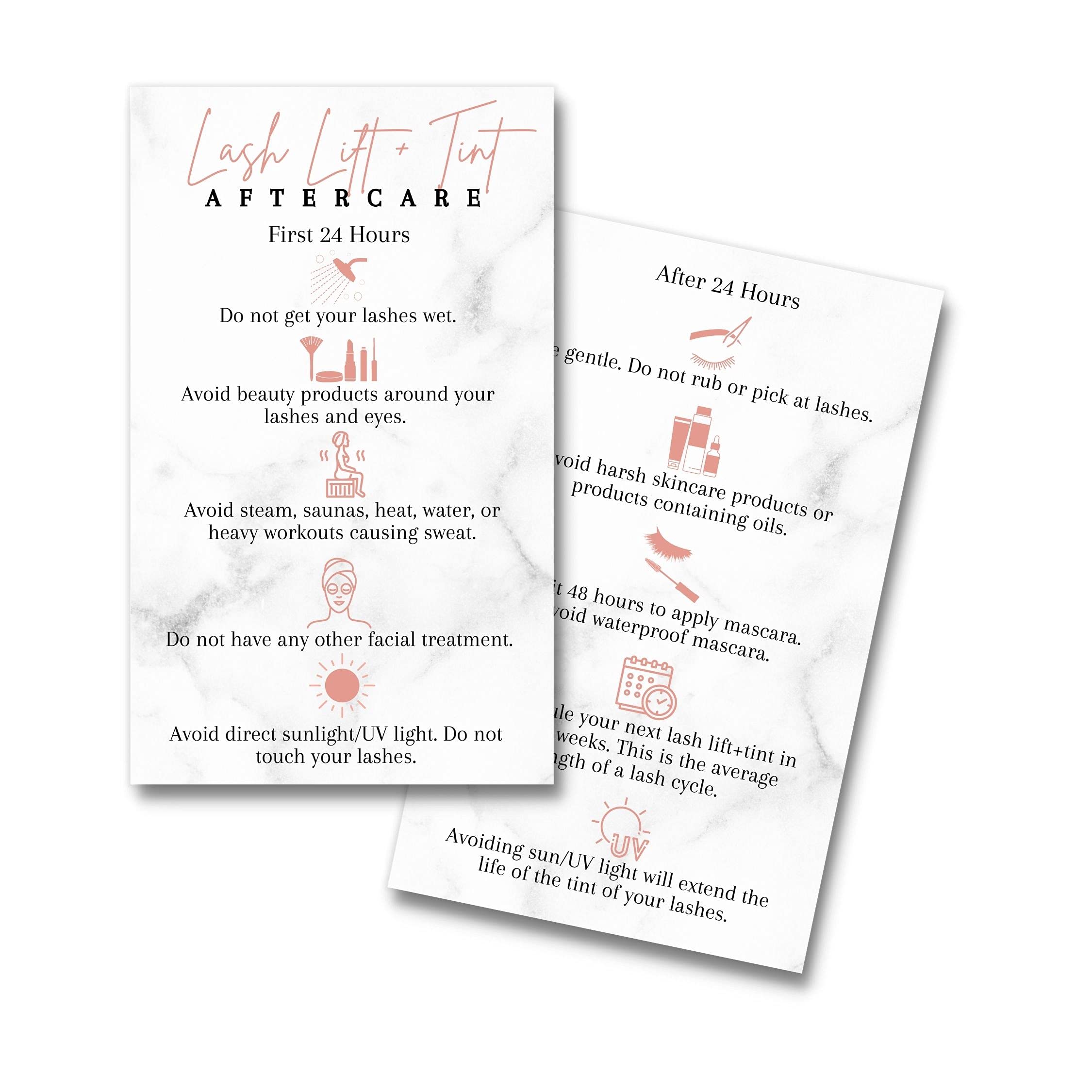 Lash Lift and Tint Aftercare Cards | Physical Printed 2 x 3.5” inch Business Card | Marble with Rose Gold Color Design