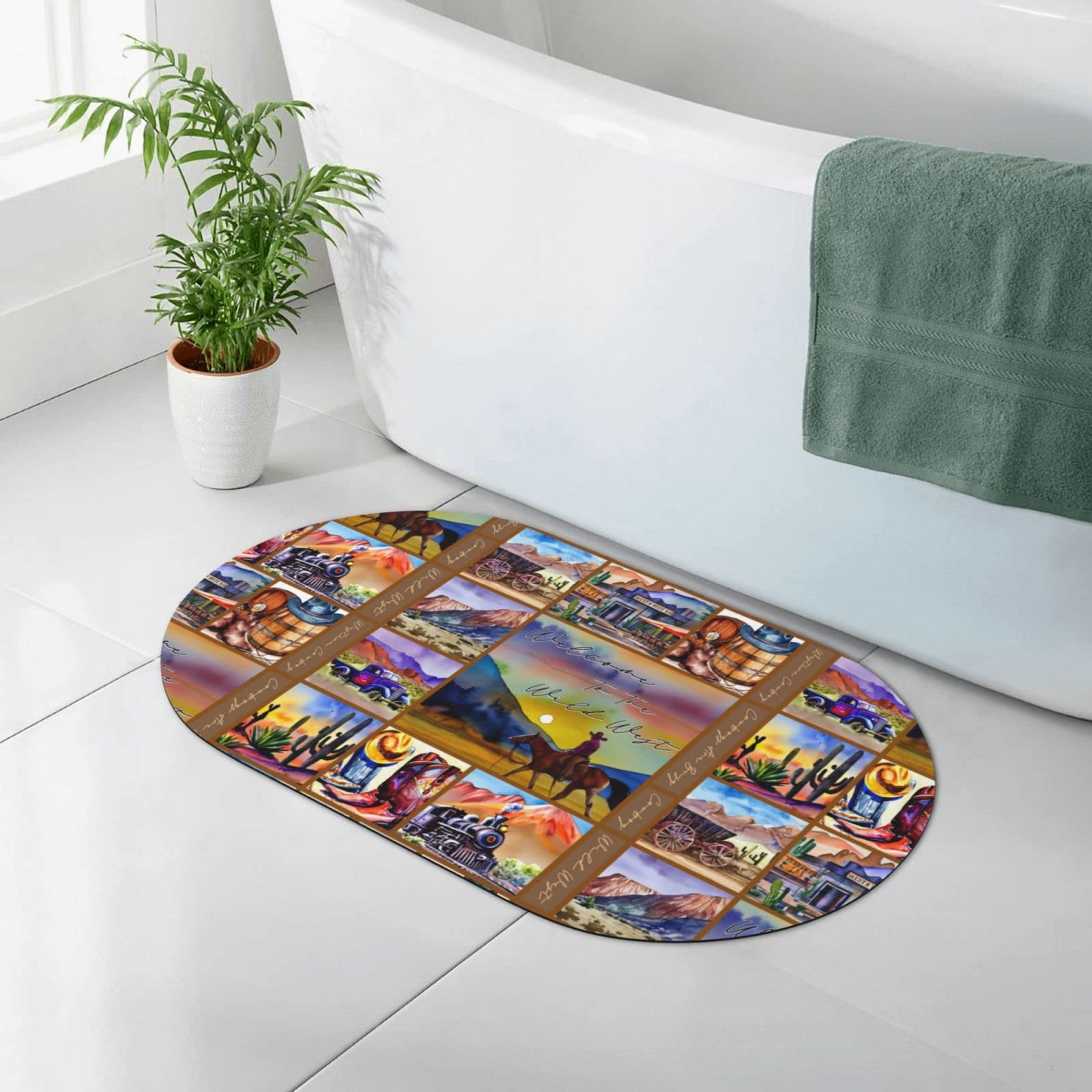 Wild West Cowboy Train Truck Diatom Mud Bath Mat Rug-Rubber Non Slip Quick Dry Frivolity Bathroom Rugs Fit Under Door-Washable Bathroom Floor Mats-Shower Rug