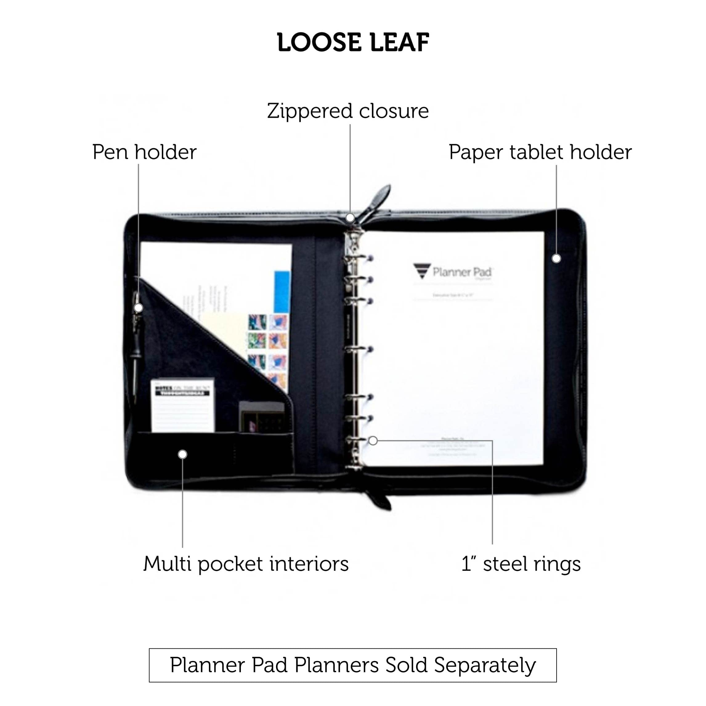 Planner Pad Copertura a 7 anelli, adatta per agenda di dimensioni da 8 1/2 "x 27,9 cm, colore nero