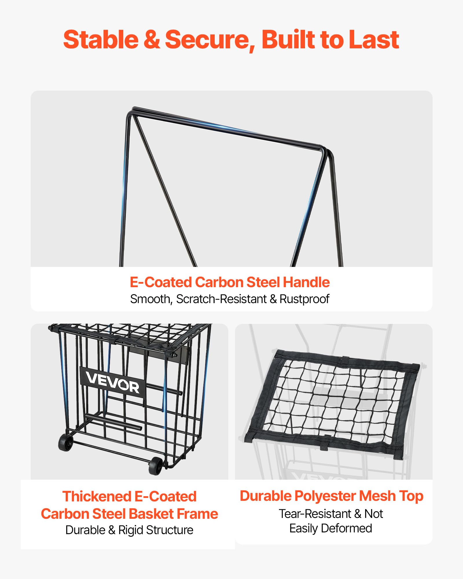 VEVOR Recogepelotas de Tenis con Ruedas y Mango, Capacidad para 75 Pelotas o 52 Pickleball, Cesta Portátil de Tenis con Soporte, Altura Ergonómica, Carro de Acero para Entrenamiento y Almacenamiento