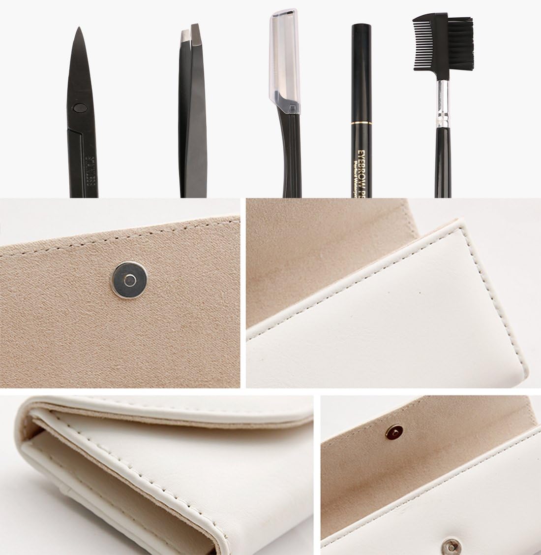 Sdootbeauty Eyebrow Grooming Set, 5 Pcs Eyebrow Kit, Stainless Steel Eyebrow Tweezer and Scissor, Eye Brow Trimmer Razor, Eyebrow Pencil, Brow Comb Brush with White Case : Beauty & Personal Care