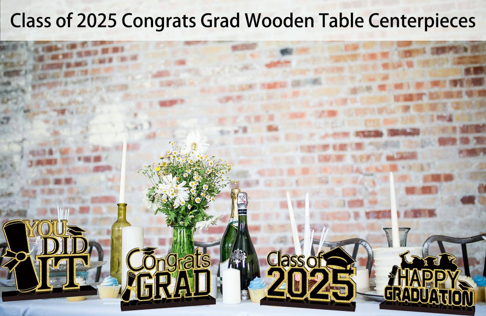 4Pcs Graduation Decorations Class of 2025 Congrats Grad Wooden Table Centerpieces Grad Table Toppers Congratulate Tiered Tray Decor You Did It Graduation Party Decorations 2025 (Black and gold)