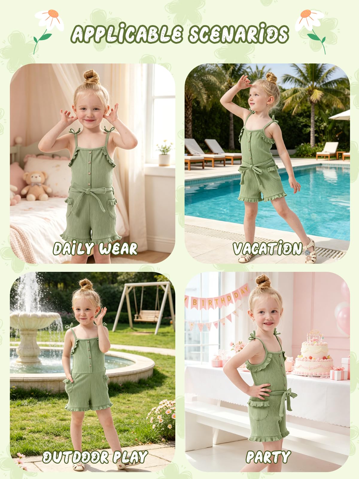 Miipat Combinaisons Sans Manches pour Bébé Fille, Combinaisons Pantalons Ensemble D'été Décontractées Coton Tout-petits à Bretelles Fines et Volants en Maille Enfants