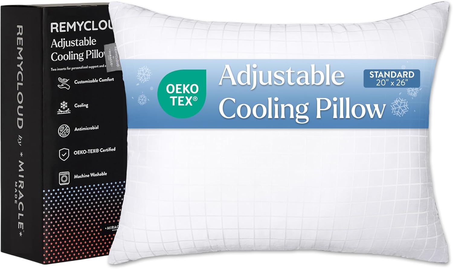 Miracle Made RemyCloud Adjustable Cooling Pillow– Dual-Sided, Instant-Cool Fabric & Breathable Cotton Covers – Moisture-Absorbent, Machine Washable Loft with 2 Removable Inserts Each (1, Standard)