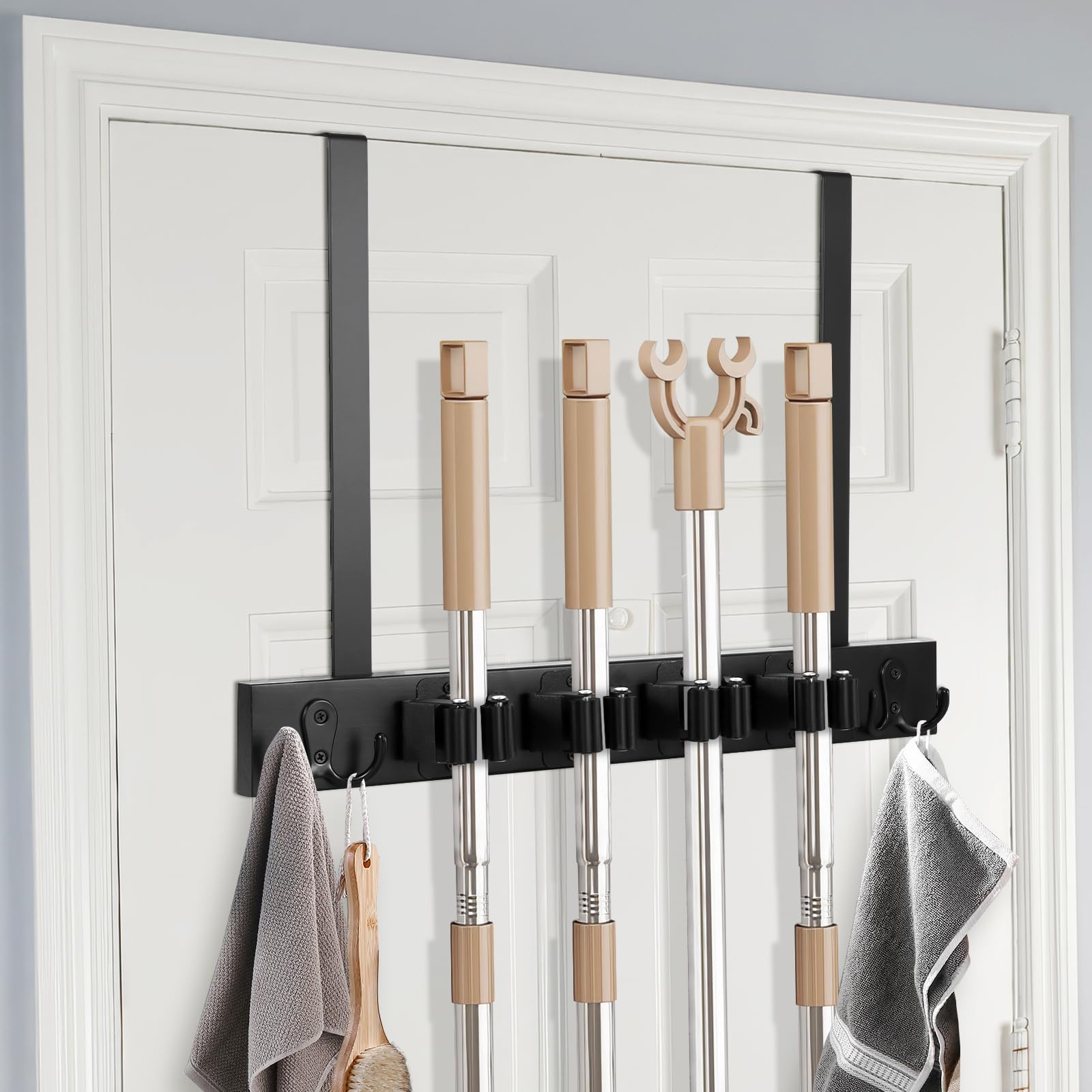 ZONJIE Broom Holder Wall Mounted, Over the Door Brooms Mop Holder, 5 Holders and 4 Hooks