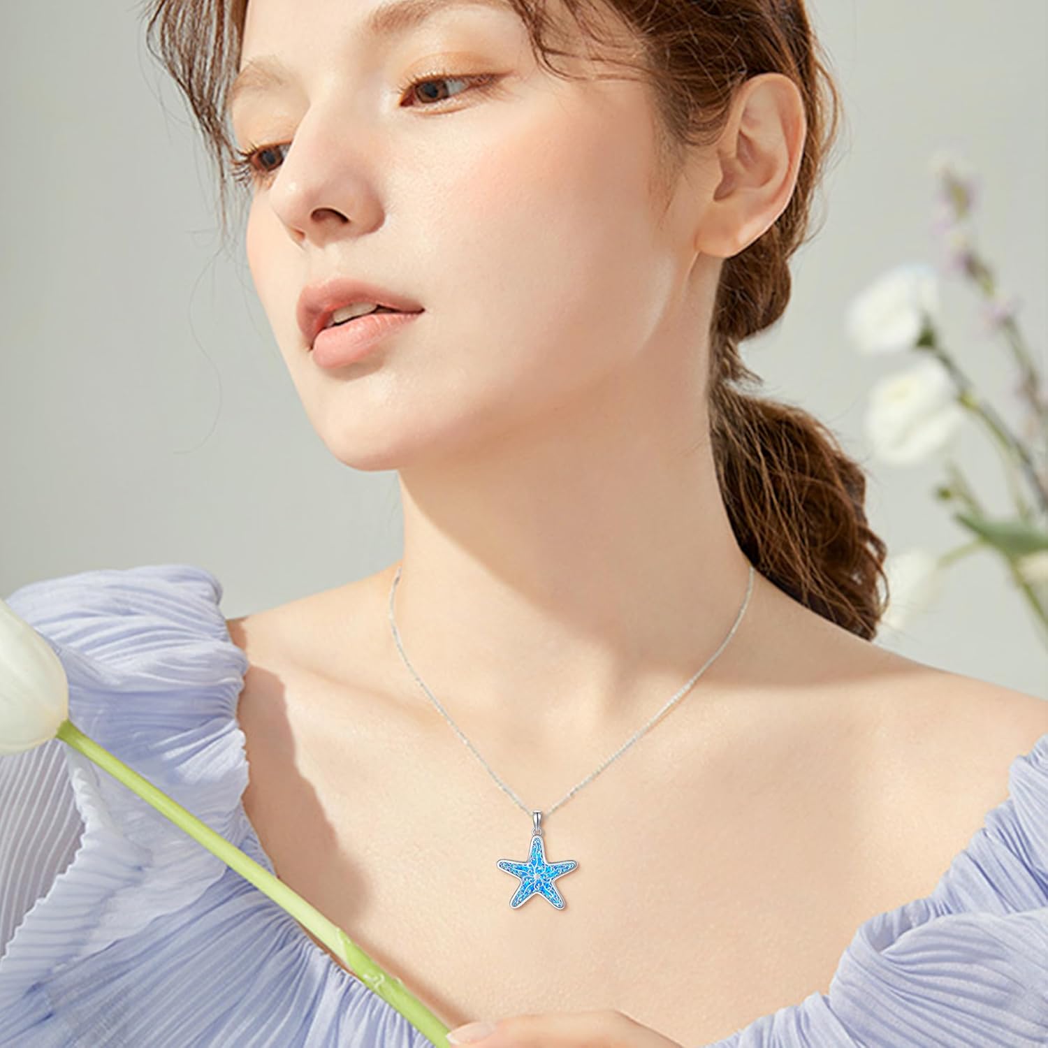 Starfish Necklace 925 Sterling Silver Blue Opal Beach Necklace Starfish Jewelry Gifts for Women Ocean Lovers - Image 4