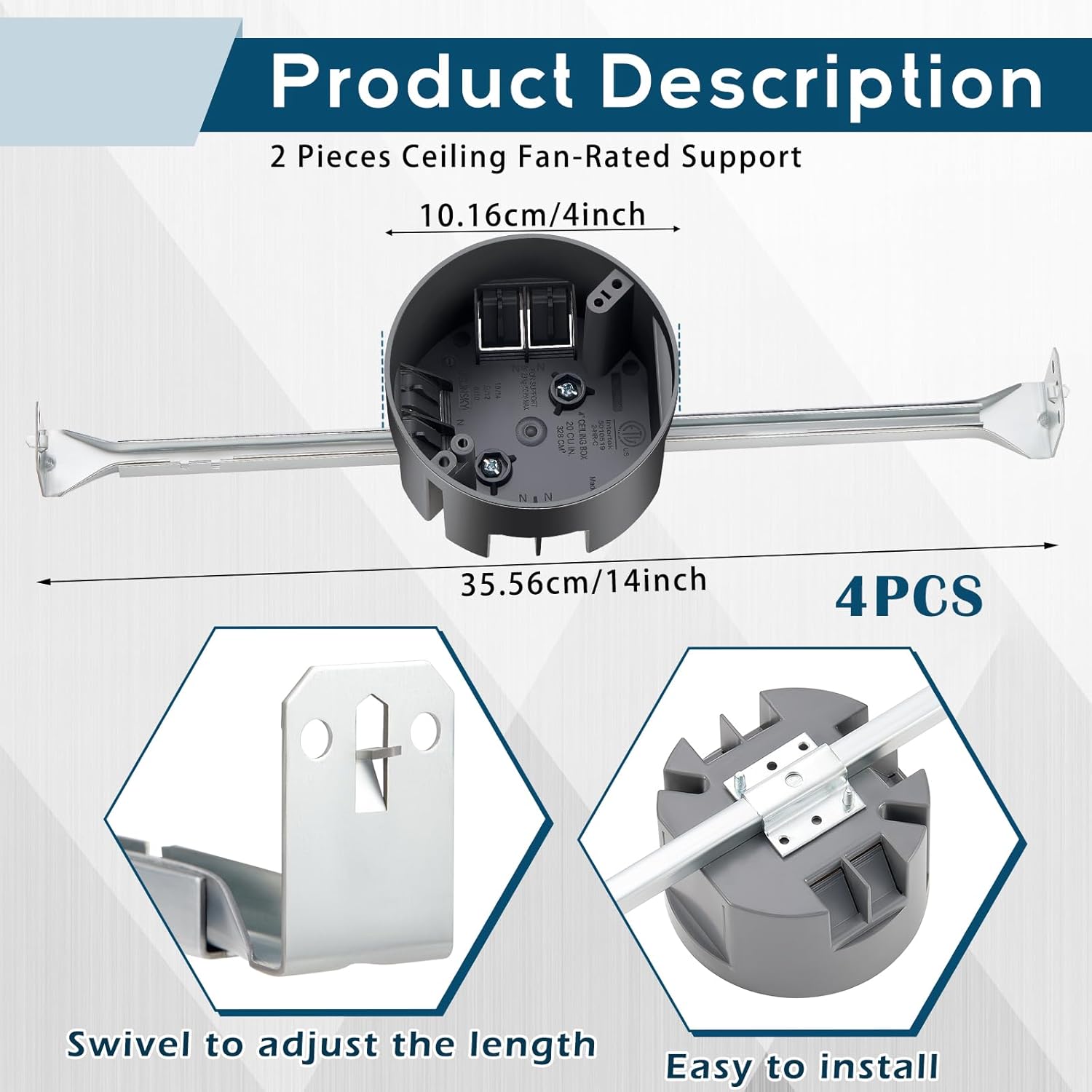 Therwen 4 Pcs Ceiling Fan Brace Electrical Box 14.25 to 22.5 Inch Adjustable Electrical Box and Support Bar Fan Mounting Bracket for Summer Light Fixtures Installations (Gray)