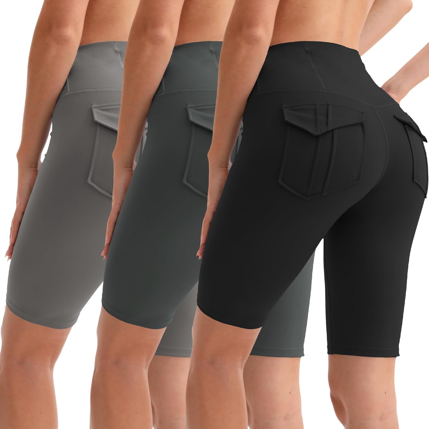 Women Biker Shorts with 3 Pockets Booty High Waisted Tummy Control Buttery Spandex Yoga Shorts