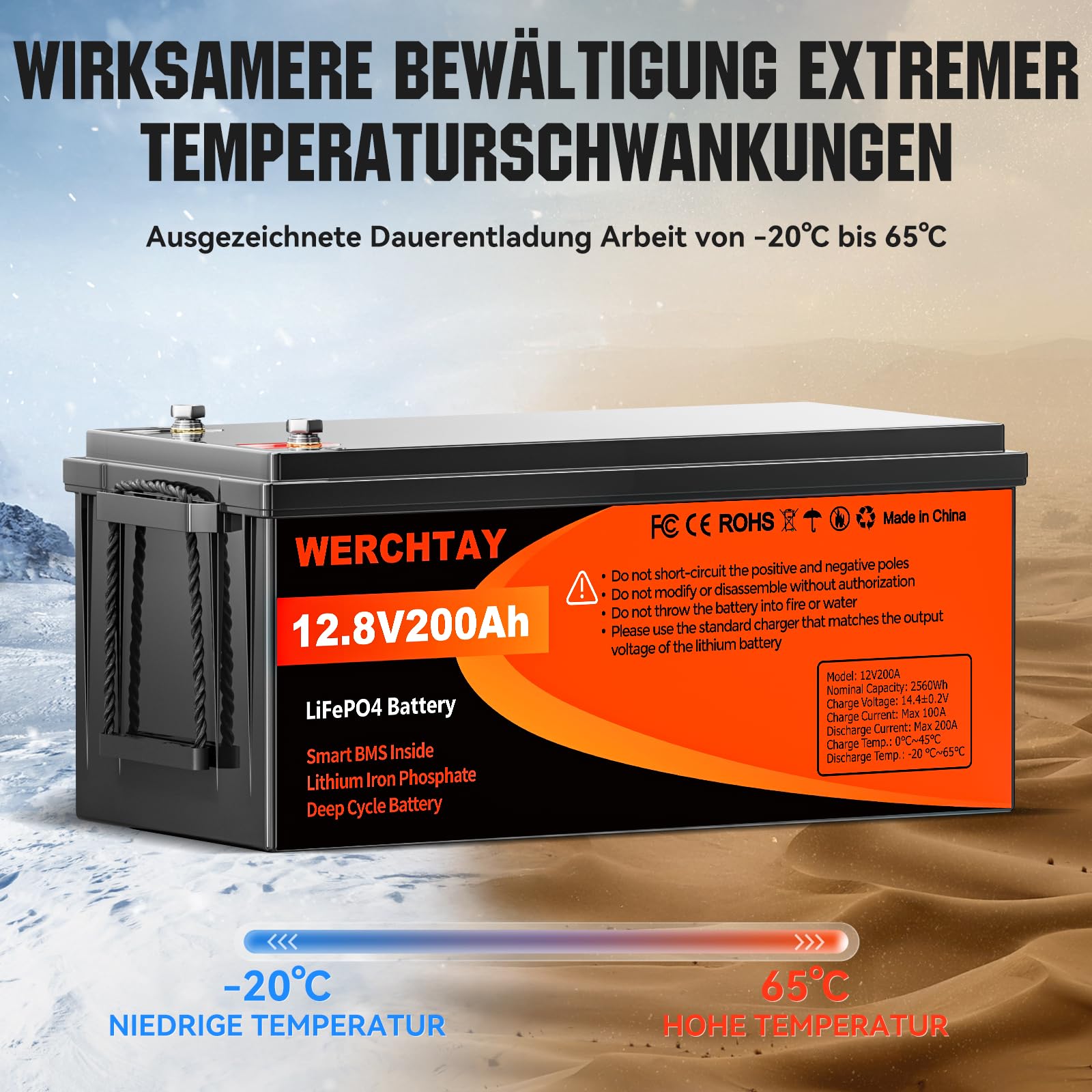 WERCHTAY Batteria Litio 12V 200Ah, 2560Wh LiFePO4 Batterie, con BMS Integrato da 200A, 18000 Cicli a Scarica Profonda, Protezione Contro le Basse Temperature, per Off-Grid, Camper e Imbarcazioni