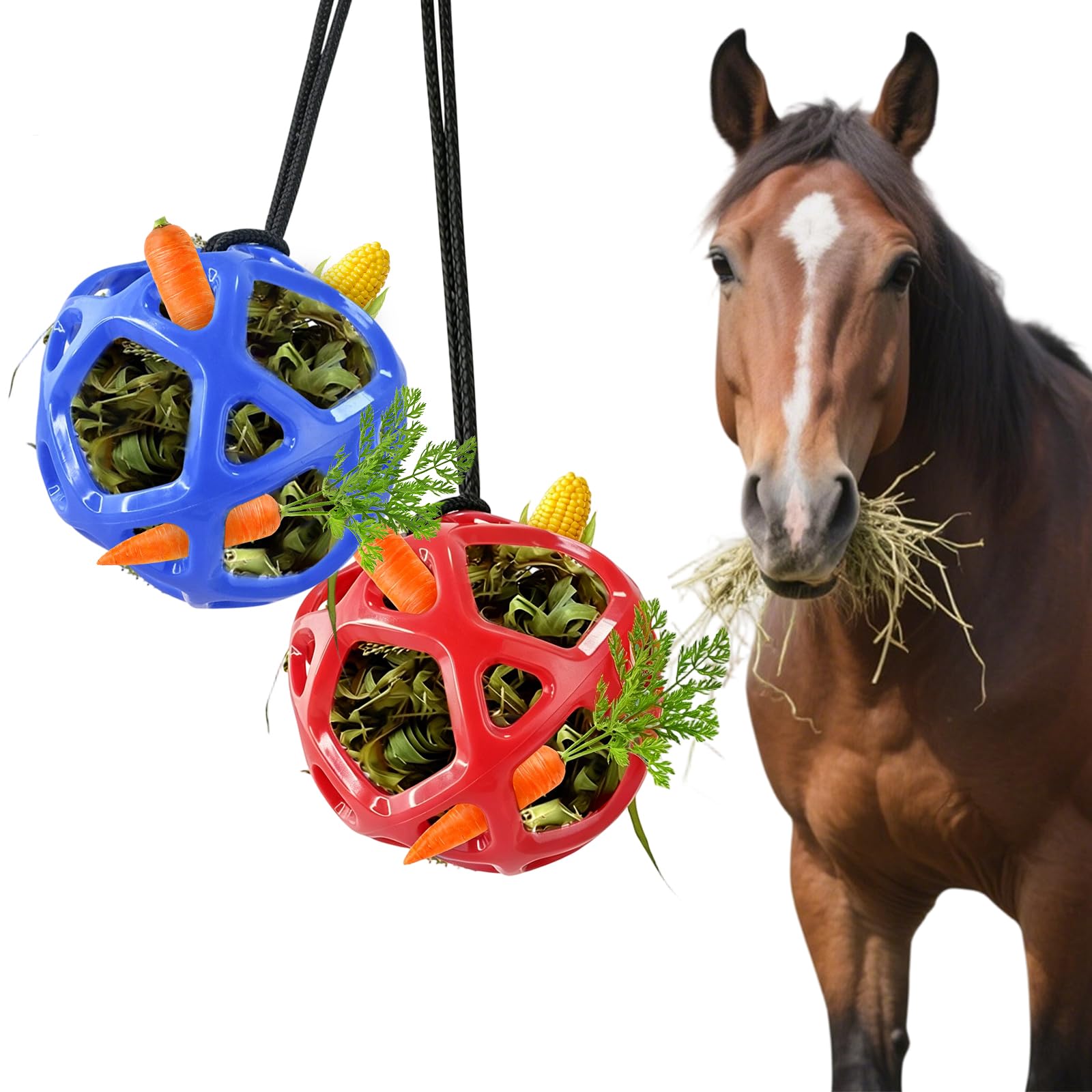 28cm Large Size Horse Hay Feeder Ball, Hanging TPR Slow Feed Hay Ball, Extra Big Chew Resistant Foraging Toy for Horse Goat Sheep, Boredom Relief Stable Accessory (Red+Blue)