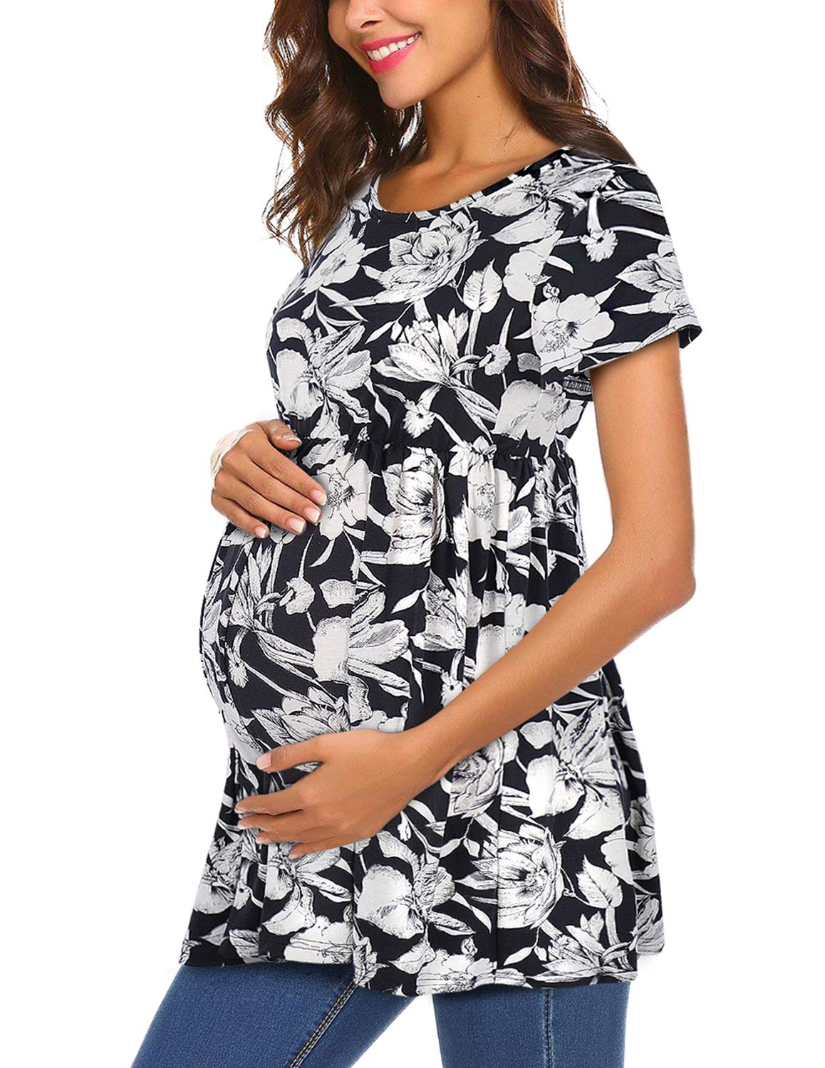 PrettyLife Womens Flattering Maternity Tops Comfy Short Sleeve Pleated Pregnancy Shirt (Polyester - Printed, S)