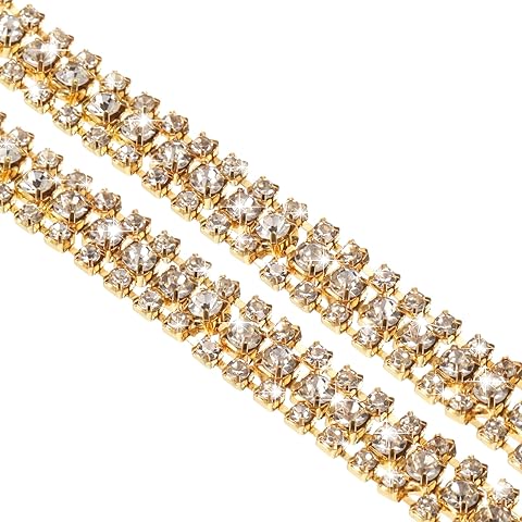 uxcell 1 Yard 3 Rows Crystal Rhinestone Close Chain Trim, Crystal Rhinestone Diamond Strips Rhinestone Bling Sewing Embellishments (9mm, White Rhinestone with Gold Base)