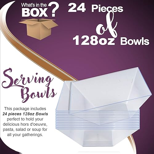 Miniatura 4 de Elegante cuenco de plástico desechable para servir, 24 unidades, cuencos pesados cuadrados transparentes de 128 onzas, cuenco de aperitivo,
