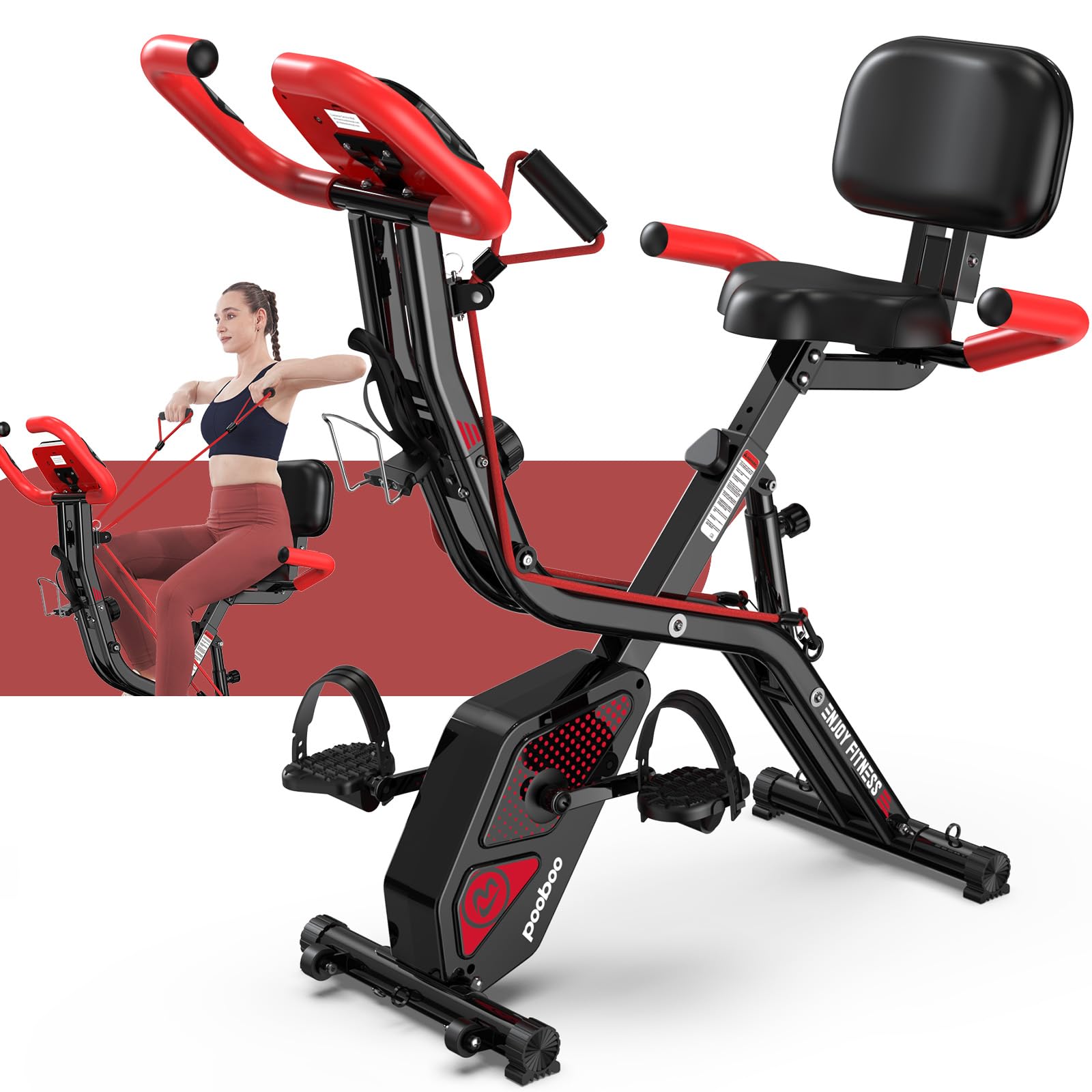 pooboo Folding Exercise Bike, Foldable Upright Stationary Bike, Indoor Cycling Magnetic X-Bike with 8-Level Adjustable Resistance, 6.6 LBS Flywheel, 300LB Capacity, Bottle Holder & Back Support Cushion for Home Gym